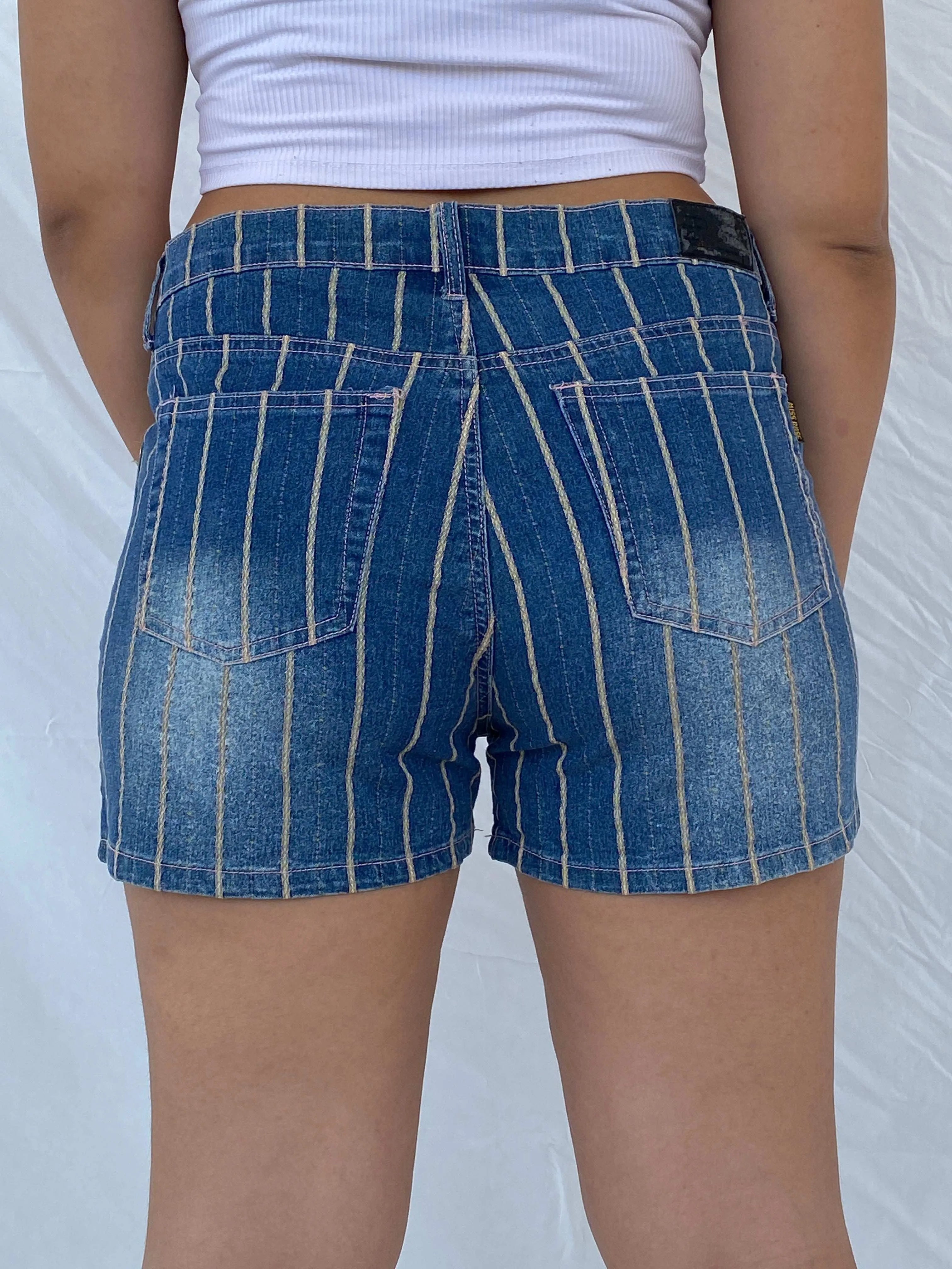 Y2K Miss Rose Jeans Striped Denim Shorts Size XL - Balagan Vintage Shorts 00s, 90s, denim, Dina, shorts, striped shorts