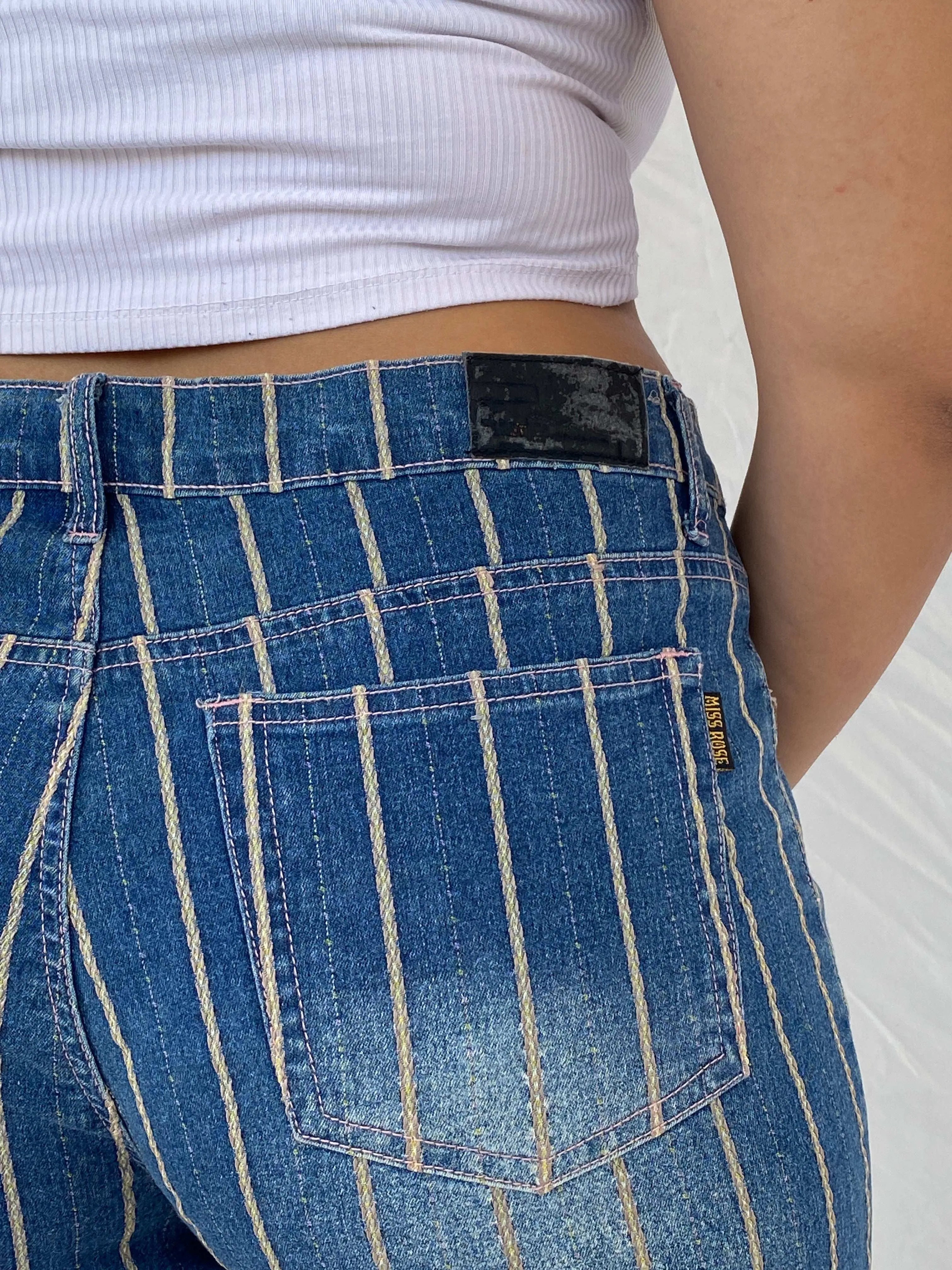 Y2K Miss Rose Jeans Striped Denim Shorts Size XL - Balagan Vintage Shorts 00s, 90s, denim, Dina, shorts, striped shorts