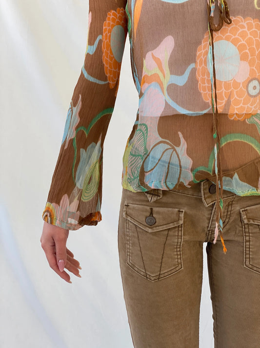 Y2K Miss Sixty 60s Style Groovy Sheer Full Sleeve Silk Women’s Top - XS - Balagan Vintage Full Sleeve Top 90s, Christine, consignment, Dana, groovy, groovy print, Miss Sixty, silk