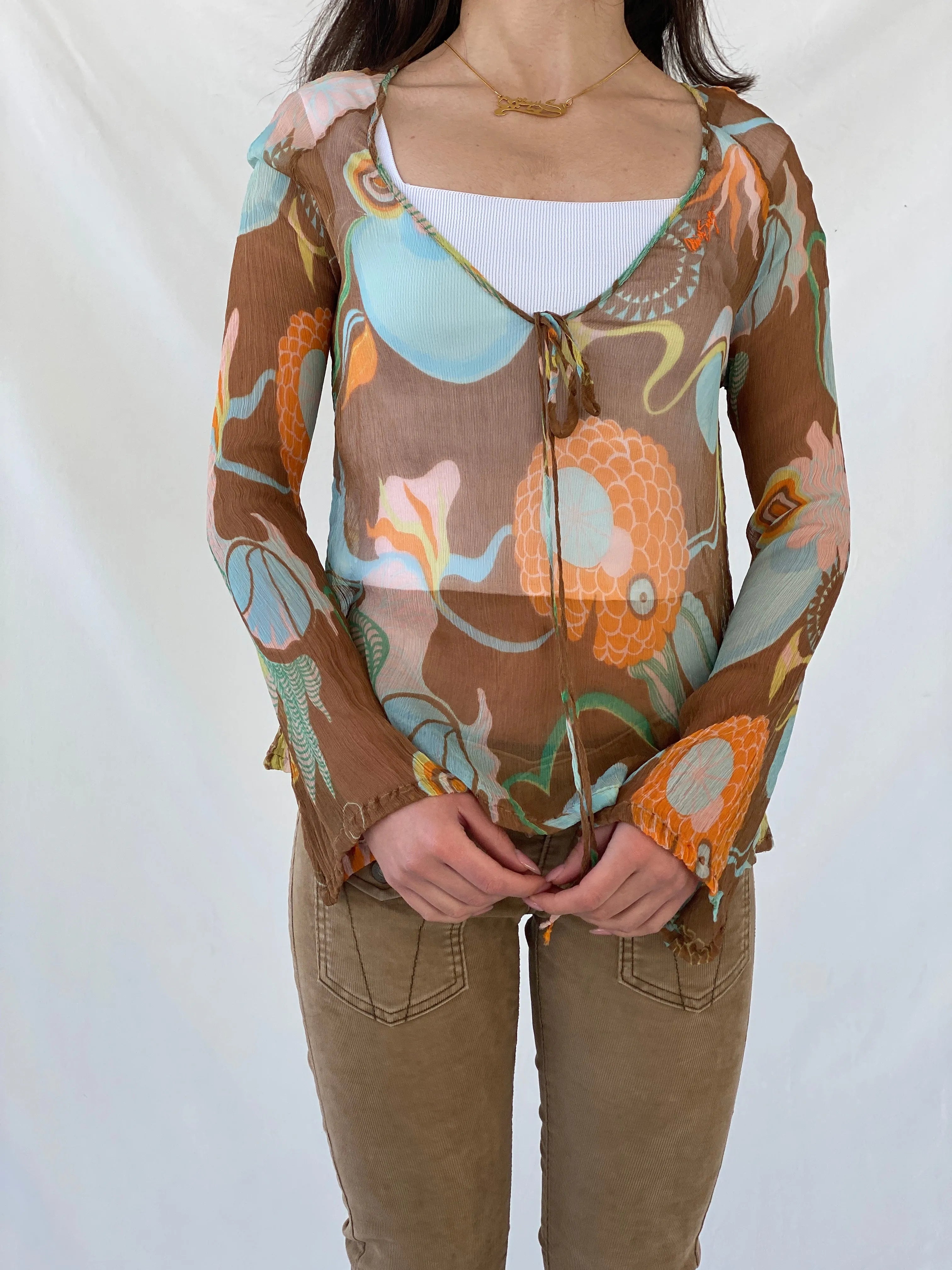 Y2K Miss Sixty 60s Style Groovy Sheer Full Sleeve Silk Women’s Top - XS - Balagan Vintage Full Sleeve Top 90s, Christine, consignment, Dana, groovy, groovy print, Miss Sixty, silk