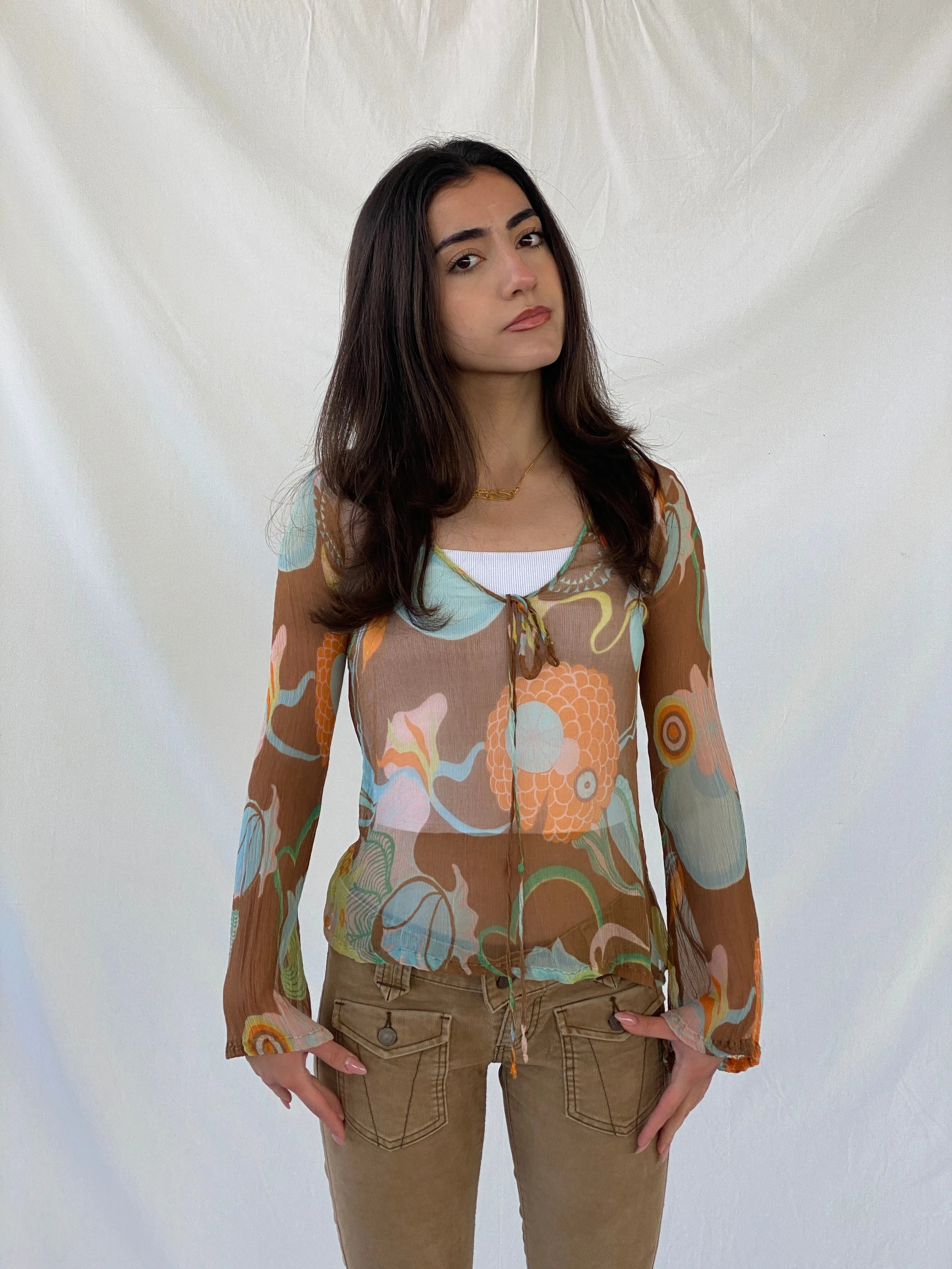 Y2K Miss Sixty 60s Style Groovy Sheer Full Sleeve Silk Women’s Top - XS - Balagan Vintage Full Sleeve Top 90s, Christine, consignment, Dana, groovy, groovy print, Miss Sixty, silk