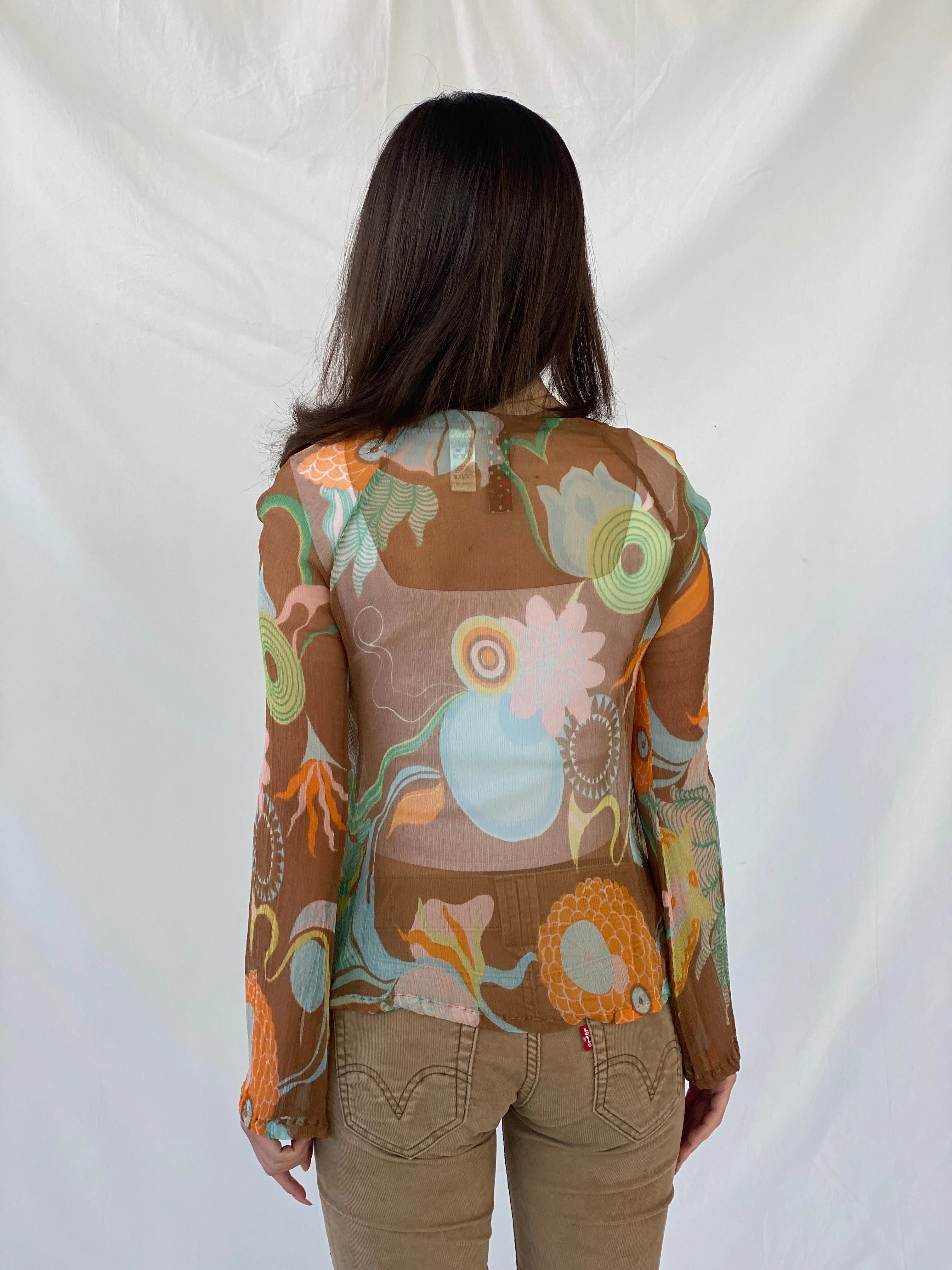 Y2K Miss Sixty 60s Style Groovy Sheer Full Sleeve Silk Women’s Top - XS - Balagan Vintage Full Sleeve Top 90s, Christine, consignment, Dana, groovy, groovy print, Miss Sixty, silk