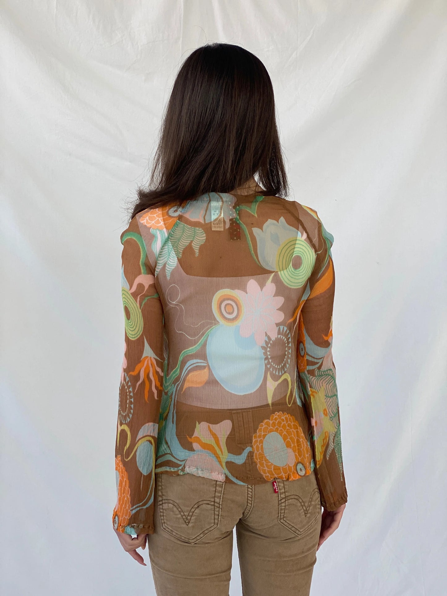 Y2K Miss Sixty 60s Style Groovy Sheer Full Sleeve Silk Women’s Top - XS - Balagan Vintage Full Sleeve Top 90s, Christine, consignment, Dana, groovy, groovy print, Miss Sixty, silk