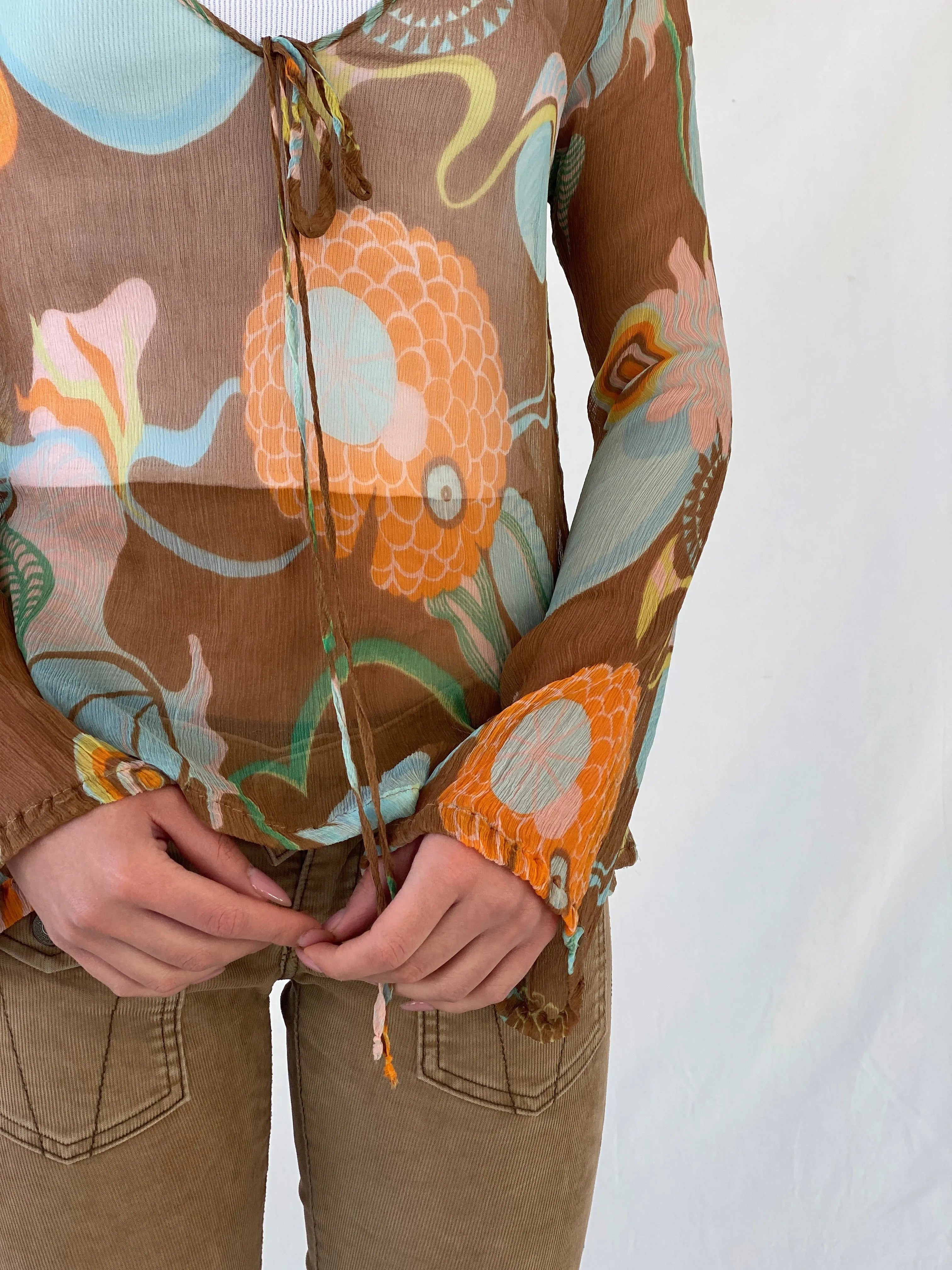 Y2K Miss Sixty 60s Style Groovy Sheer Full Sleeve Silk Women’s Top - XS - Balagan Vintage Full Sleeve Top 90s, Christine, consignment, Dana, groovy, groovy print, Miss Sixty, silk
