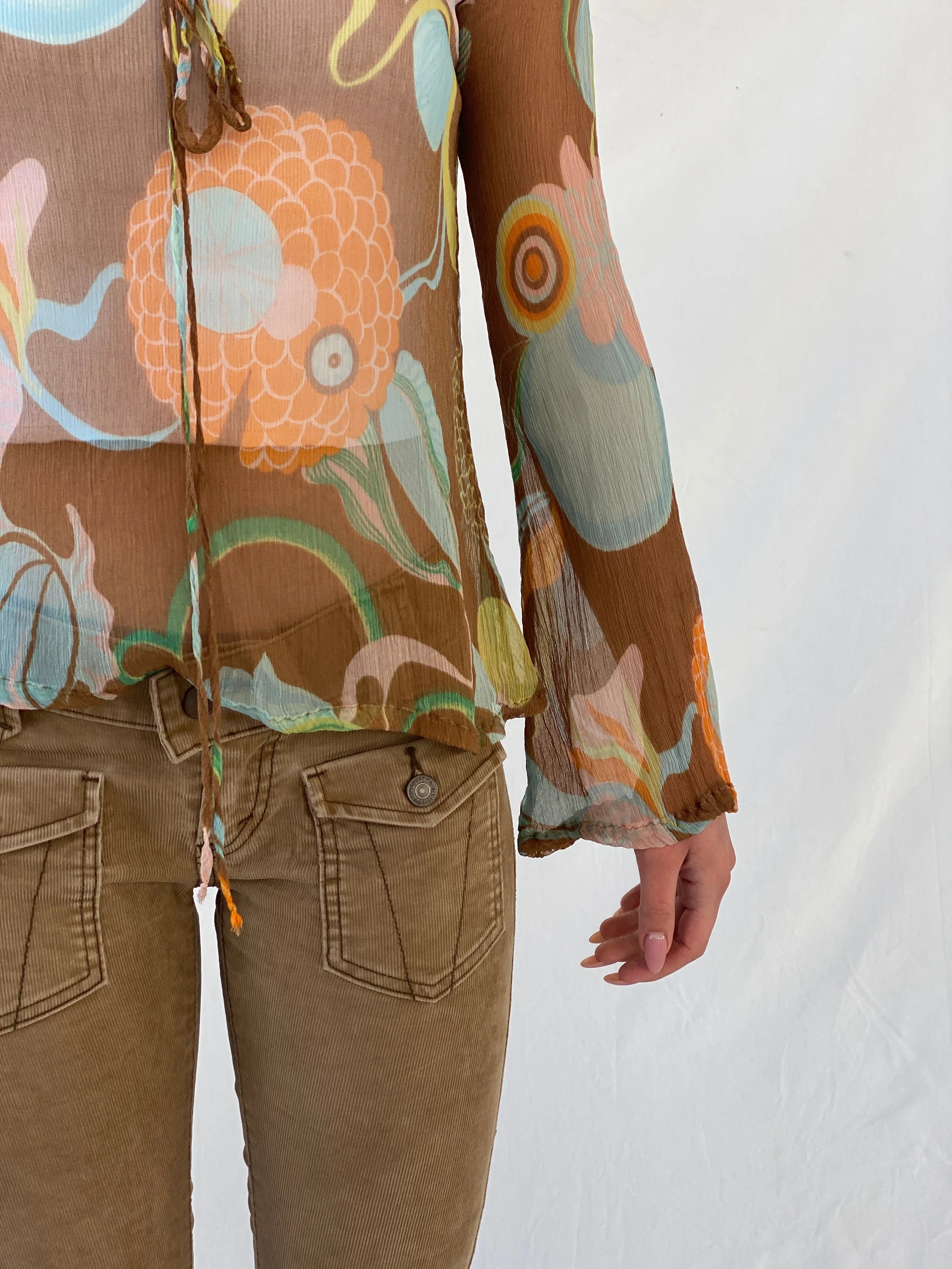 Y2K Miss Sixty 60s Style Groovy Sheer Full Sleeve Silk Women’s Top - XS - Balagan Vintage Full Sleeve Top 90s, Christine, consignment, Dana, groovy, groovy print, Miss Sixty, silk