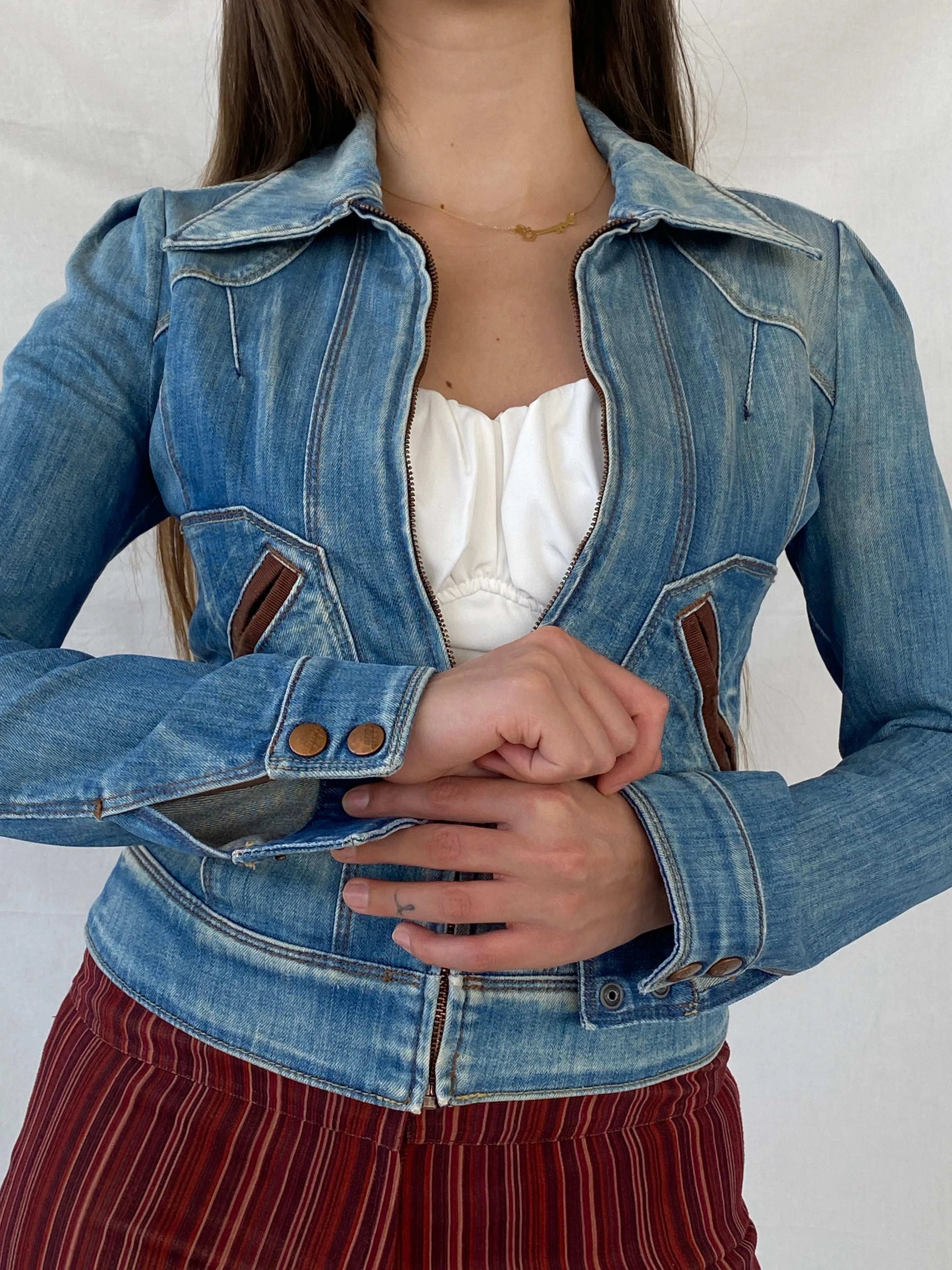 Y2K Miss Sixty Fitted Zip Up Utility Denim Jacket - XS - Balagan Vintage Denim Jacket 00s, denim, denim jacket, Mira, Miss Sixty