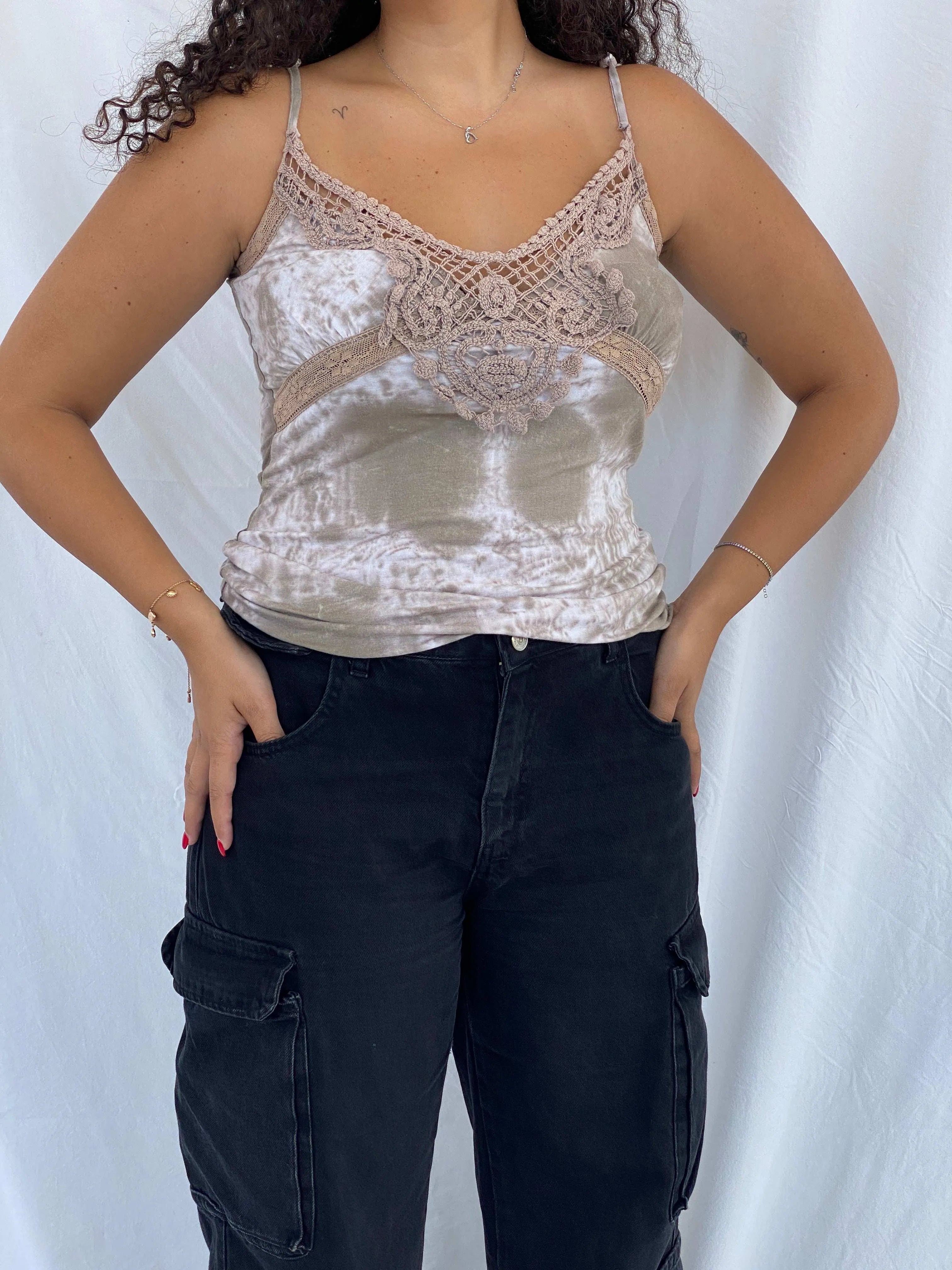 Y2k Morgan De Toi Cami Top With Crochet Details - L - Balagan Vintage Sleeveless Top 00s, 90s, Dina, sleeveless top