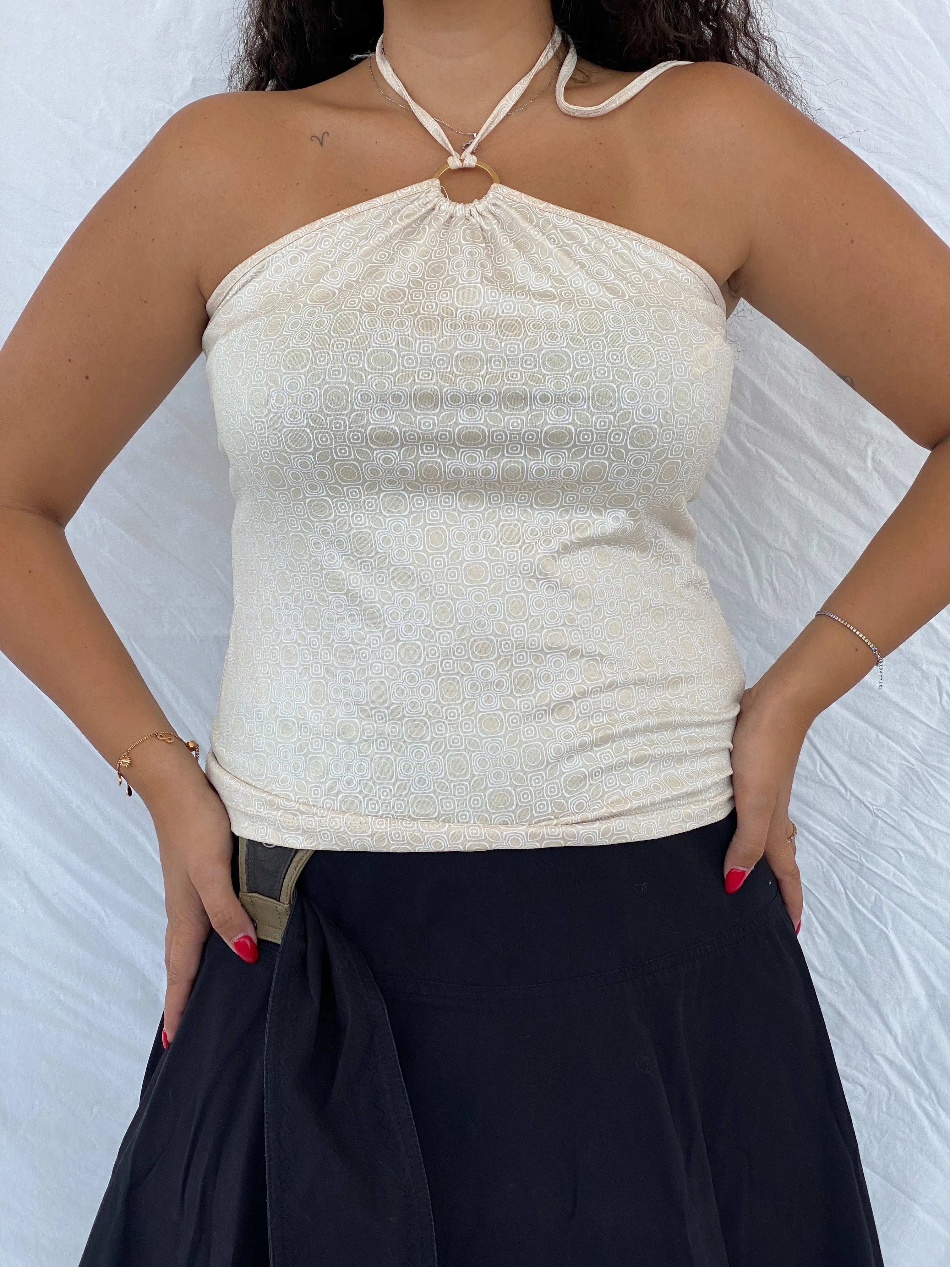Y2K Orsay Halter Groovy Patterned Beige Top Size L - Balagan Vintage Halter Top 00s, 90s, Dina, groovy, groovy print, halter top, printed shirt, shorts