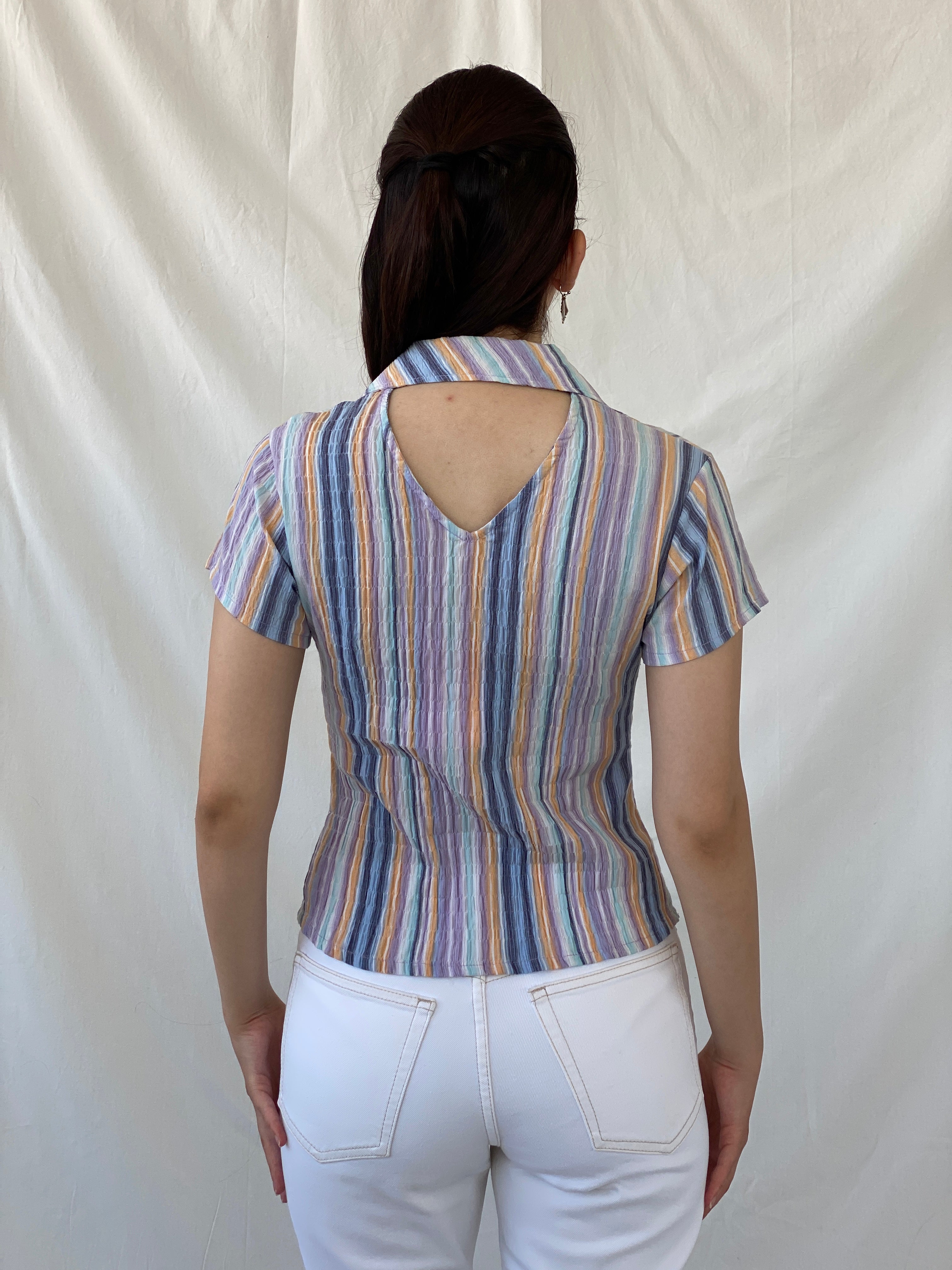 Y2K Pastel Purple Blue Striped Cut Out Back Scrunch Short Sleeve Shirt- M - Balagan Vintage Half Sleeve Shirt 00s, Ayah, half sleeve shirt, NEW IN, shirt, women shirt