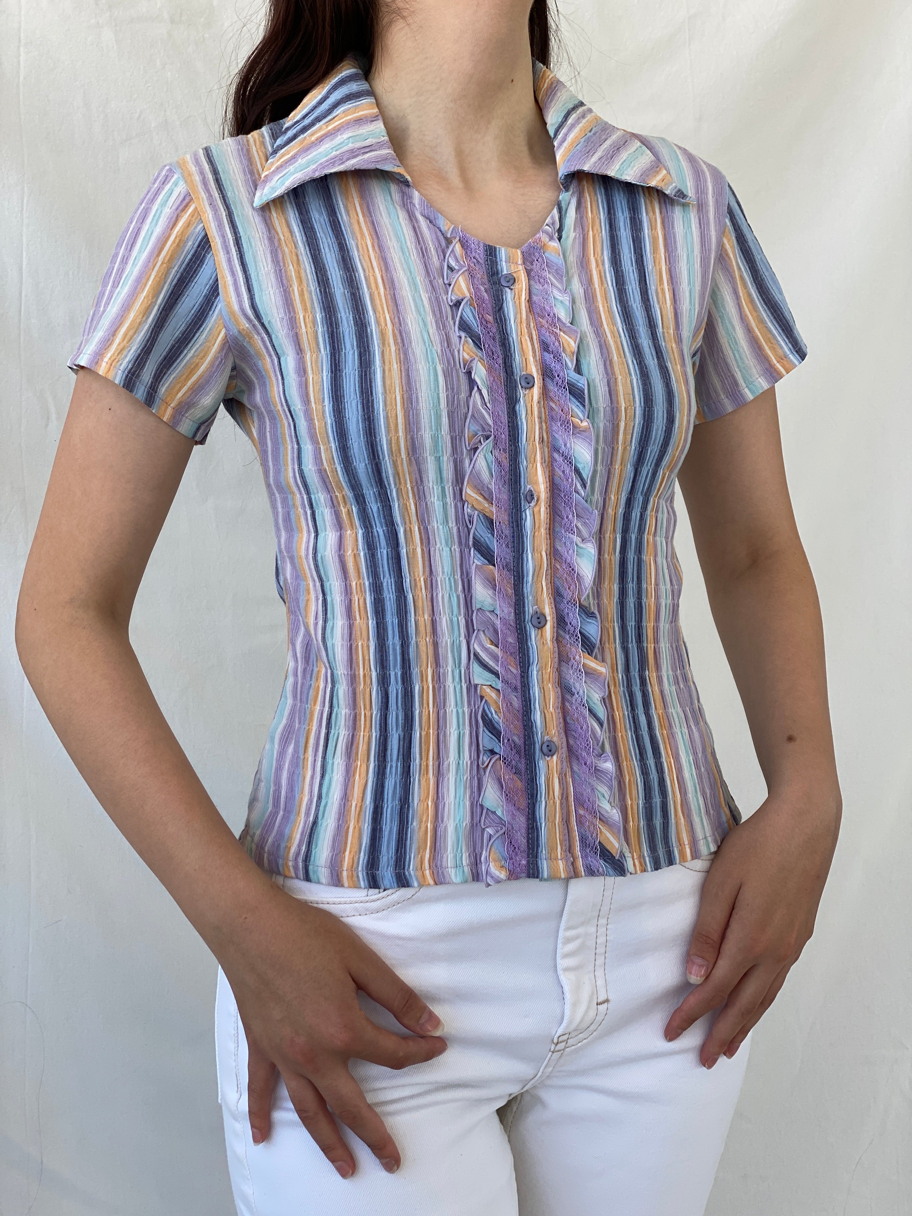 Y2K Pastel Purple Blue Striped Cut Out Back Scrunch Short Sleeve Shirt- M - Balagan Vintage Half Sleeve Shirt 00s, Ayah, half sleeve shirt, NEW IN, shirt, women shirt