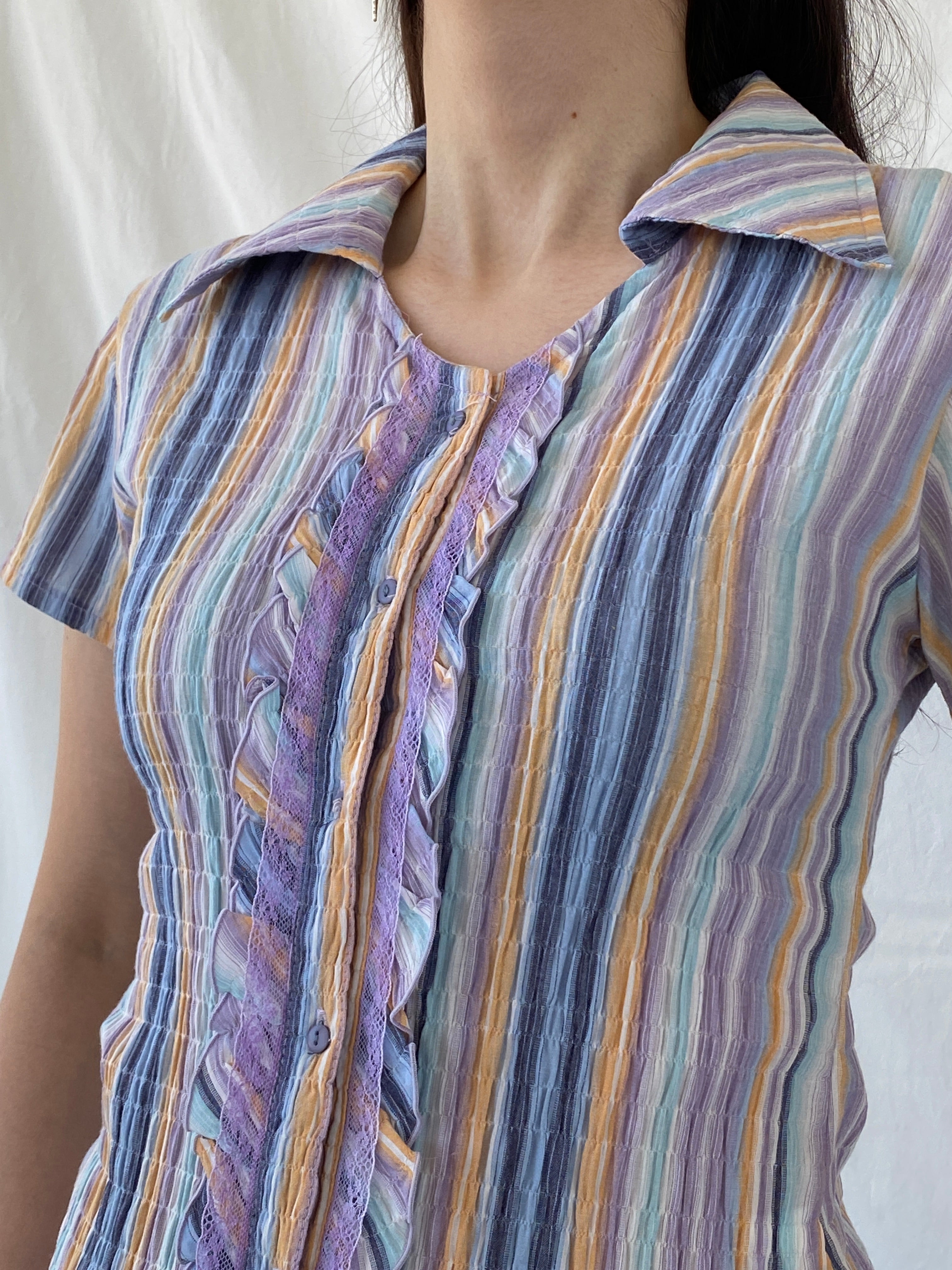 Y2K Pastel Purple Blue Striped Cut Out Back Scrunch Short Sleeve Shirt- M - Balagan Vintage Half Sleeve Shirt 00s, Ayah, half sleeve shirt, NEW IN, shirt, women shirt