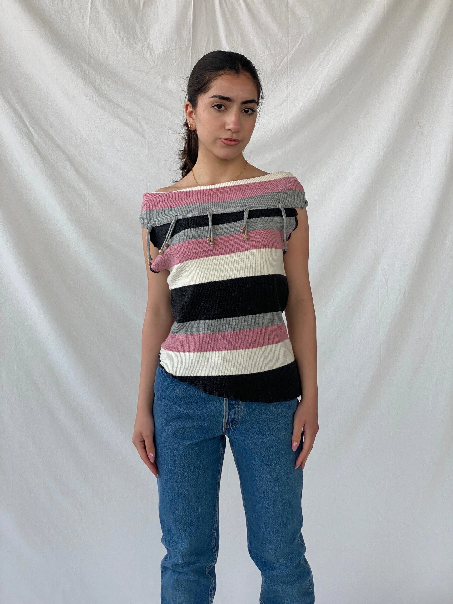 Y2K Pink Striped Asymmetric Off Shoulder Top - M - Balagan Vintage Sleeveless Top 90s, Christine, Top, winter, women top