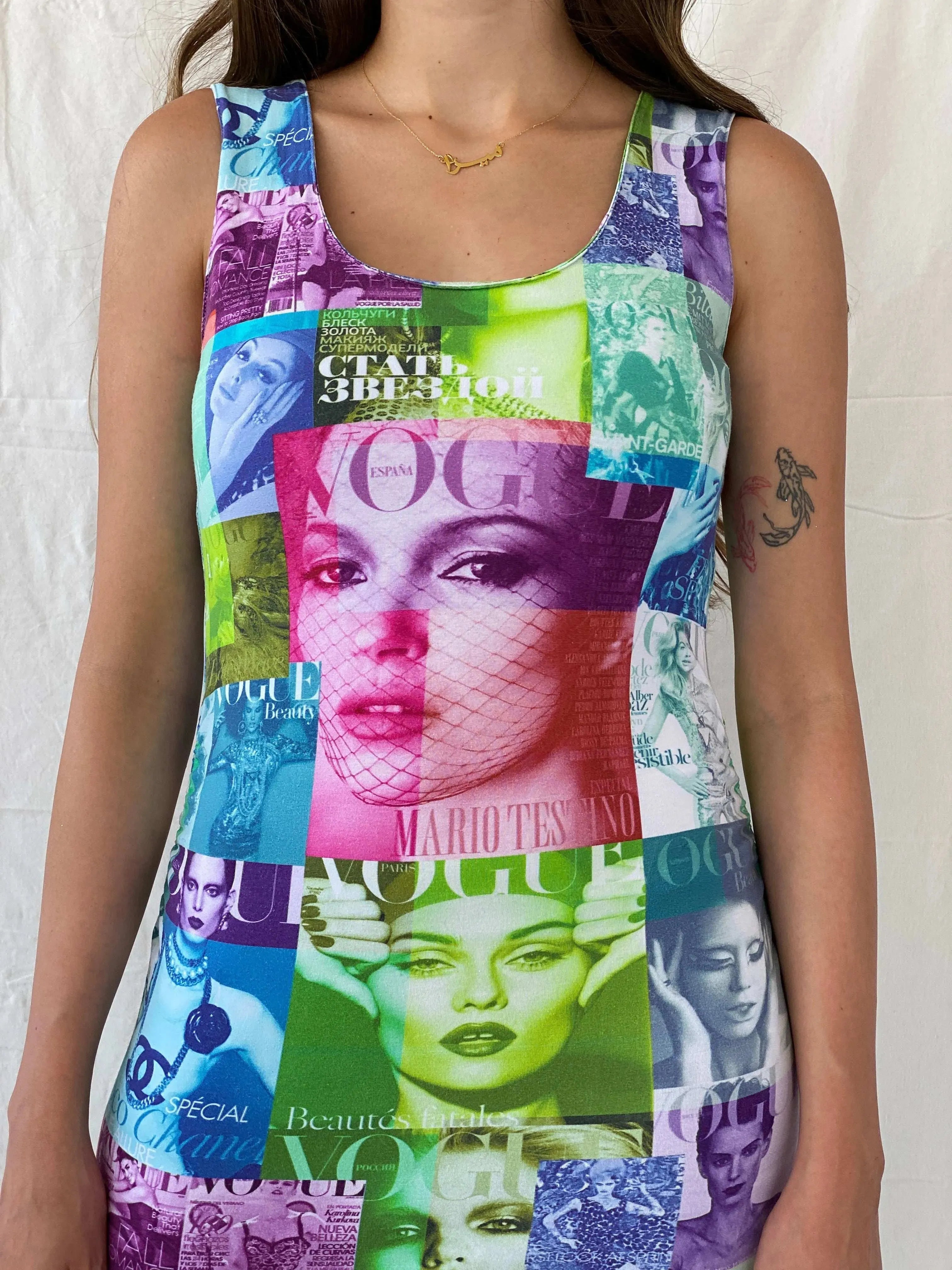 Y2K PMD Vogue Cover Graphic Bodycon Midi Dress - S - Balagan Vintage Midi Dress 00s, 90s, Deals, midi dress, Mira