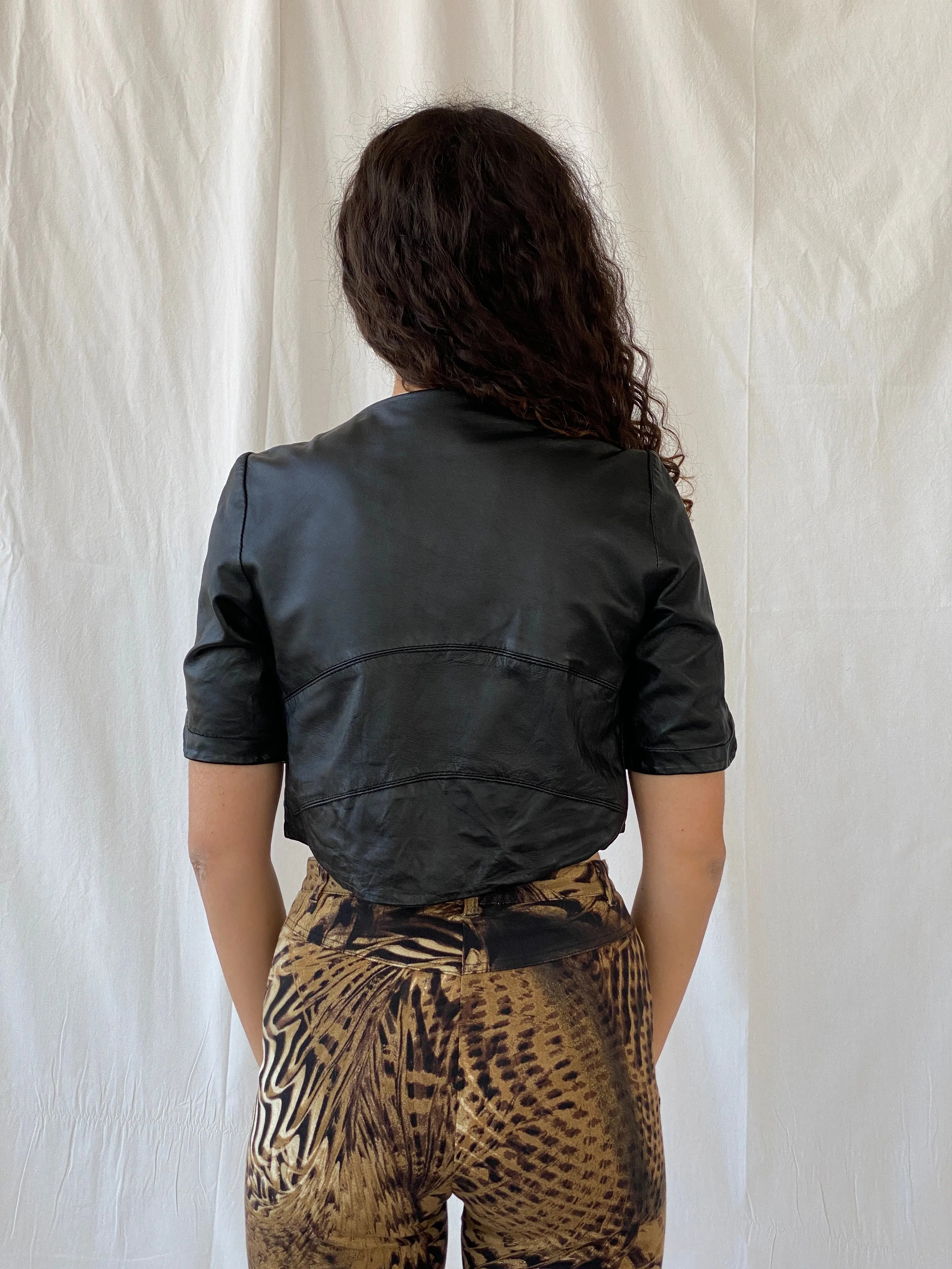 Y2K Pulz Wear Cropped Black Genuine Leather Bolero Jacket - S - Balagan Vintage Half Sleeve Top 00s, black leather, Celine, consignment, leather, Tojan, women top