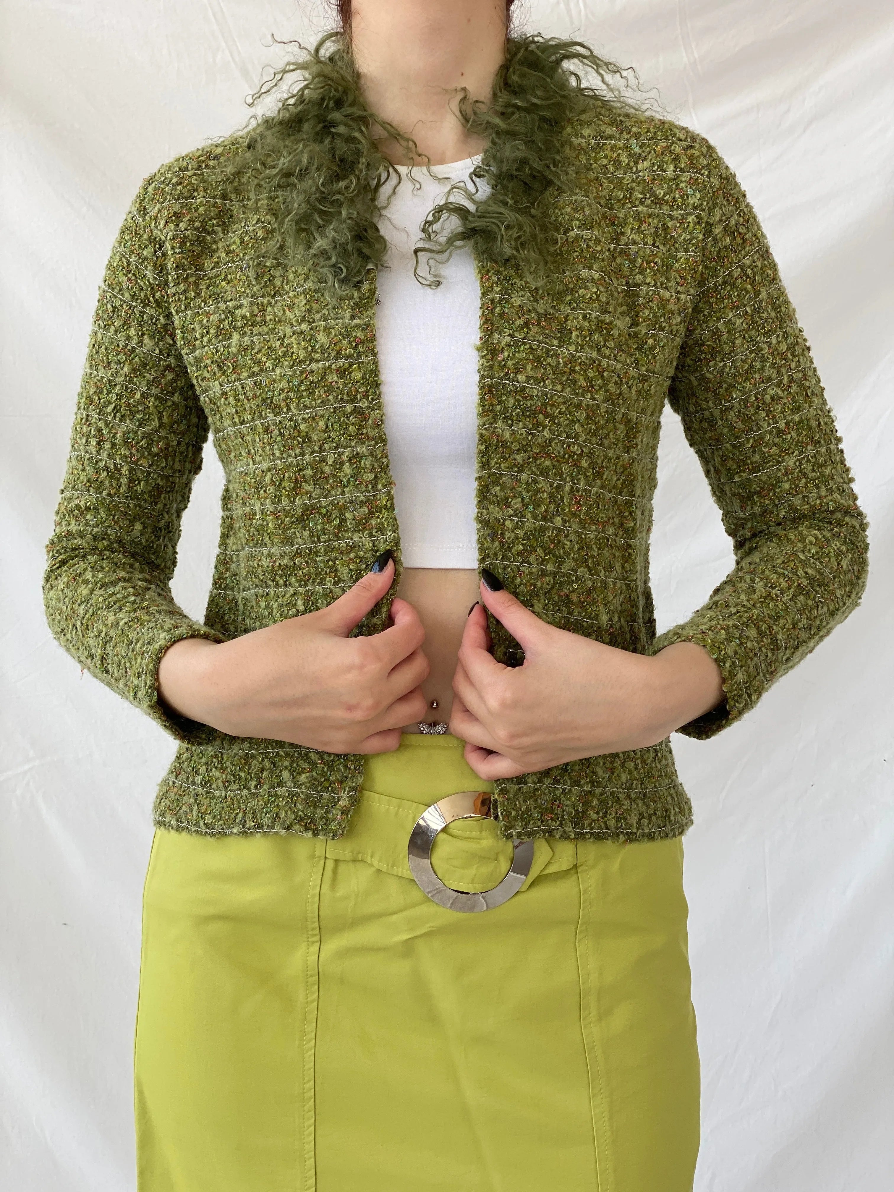 Y2K Queence Green Tweed Fur Collar Textured Women’s Cardigan - XS - Balagan Vintage Cardigan 00s, Ayah, cardigan, crochet, knitted, knitted cardigan, women top