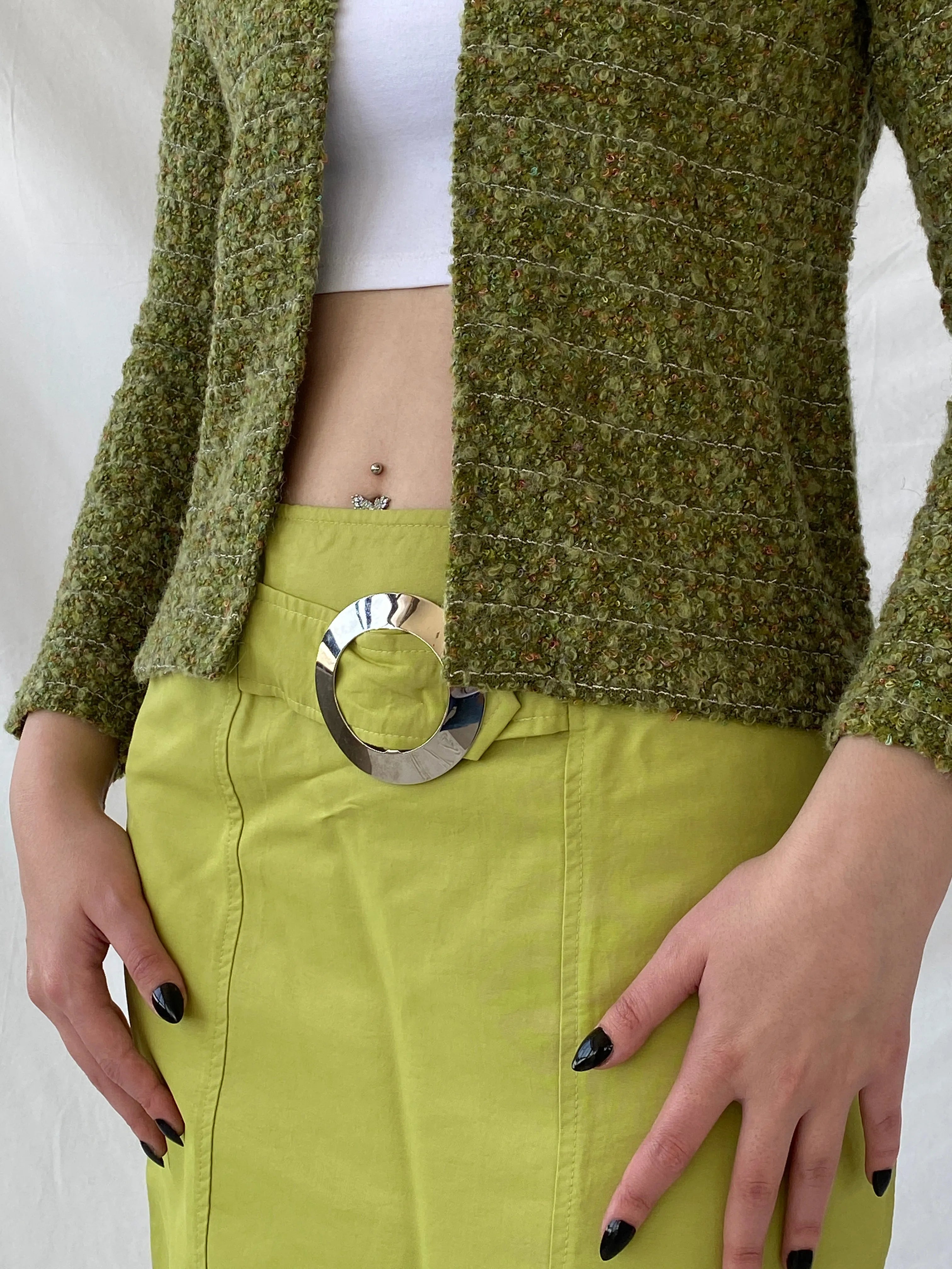 Y2K Queence Green Tweed Fur Collar Textured Women’s Cardigan - XS - Balagan Vintage Cardigan 00s, Ayah, cardigan, crochet, knitted, knitted cardigan, women top