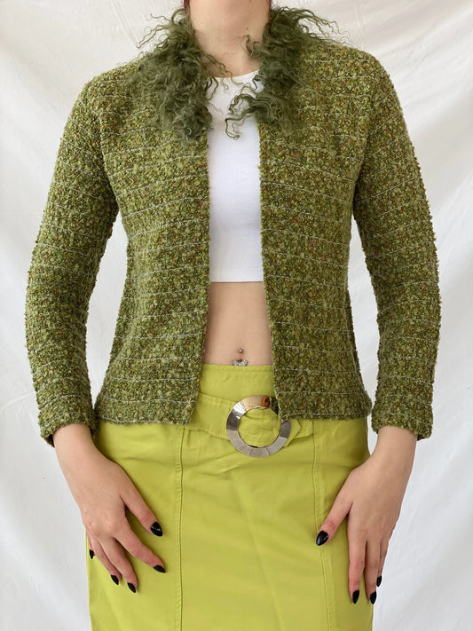 Y2K Queence Green Tweed Fur Collar Textured Women’s Cardigan - XS - Balagan Vintage Cardigan 00s, Ayah, cardigan, crochet, knitted, knitted cardigan, women top