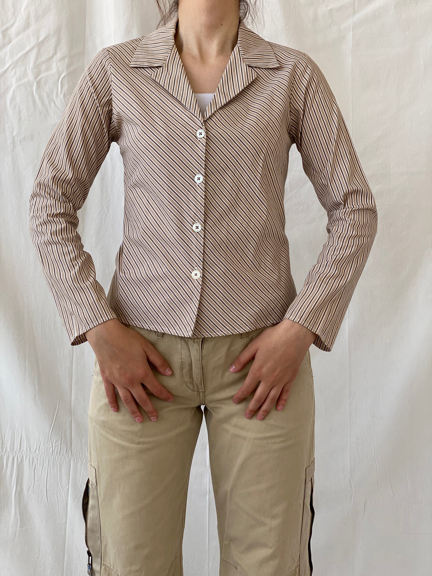 Y2K Rampage Striped Beige Long Sleeve Office Women’s Cotton Shirt - M - Balagan Vintage Full Sleeve Shirt Ayah, full sleeve shirt, Office core, shirt, women shirt