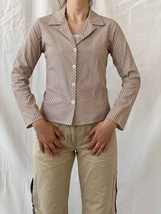 Y2K Rampage Striped Beige Long Sleeve Office Women’s Cotton Shirt - M - Balagan Vintage Full Sleeve Shirt Ayah, full sleeve shirt, Office core, shirt, women shirt