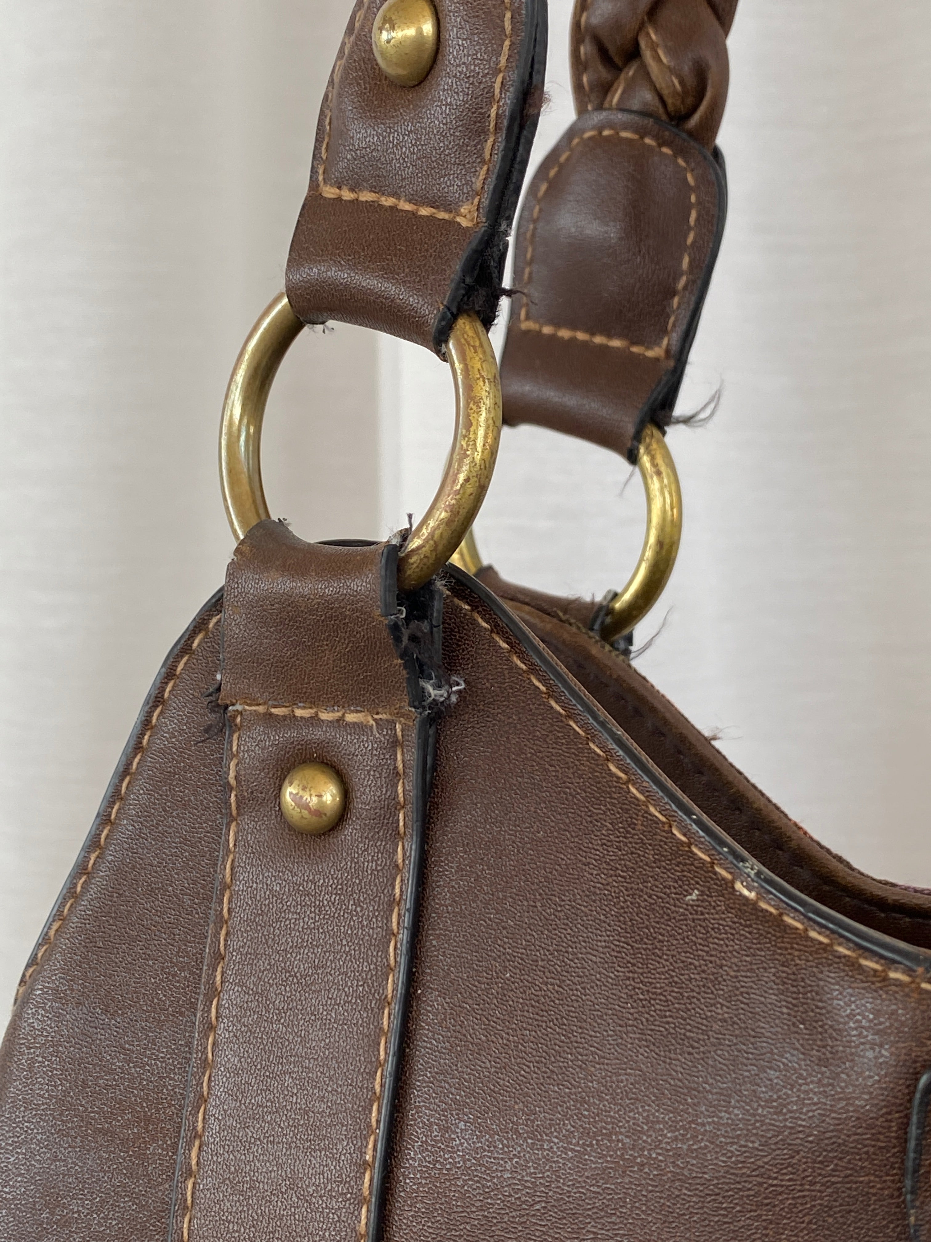 Y2K Rosetti Brown Multicolored Geometric Pattern Shoulder Bag With Braided Vinyl Handles - Balagan Vintage Handbags 00s, 90s, bag, geometric print, shoulder bag, Y2K