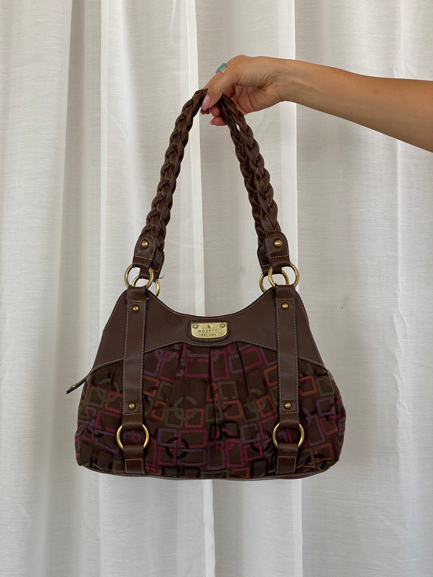 Y2K Rosetti Brown Multicolored Geometric Pattern Shoulder Bag With Braided Vinyl Handles - Balagan Vintage Handbags 00s, 90s, bag, geometric print, shoulder bag, Y2K
