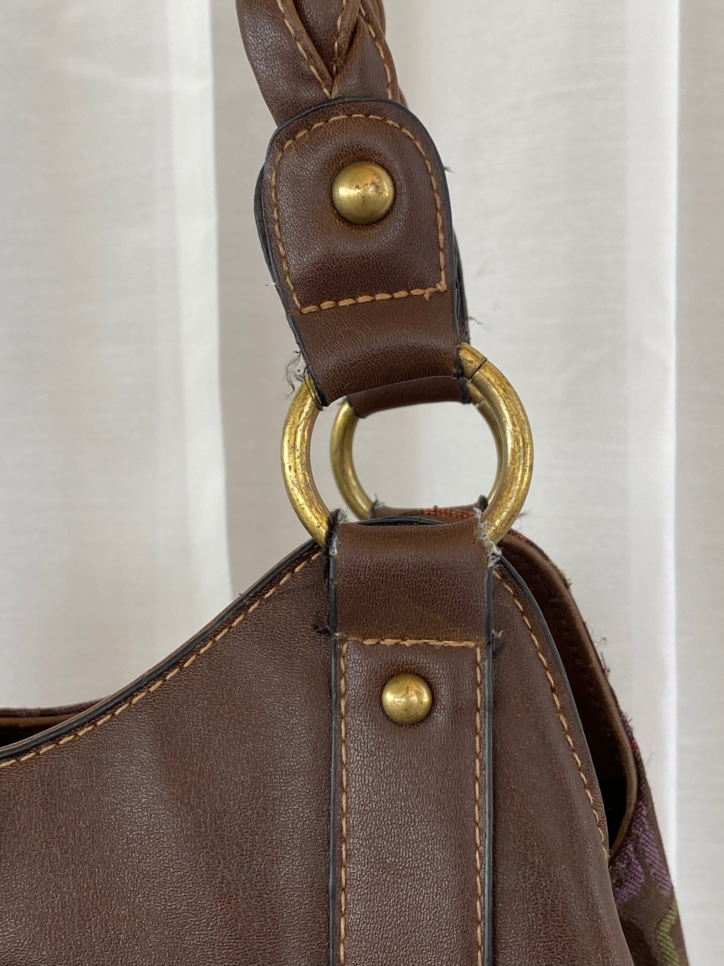 Y2K Rosetti Brown Multicolored Geometric Pattern Shoulder Bag With Braided Vinyl Handles - Balagan Vintage Handbags 00s, 90s, bag, geometric print, shoulder bag, Y2K