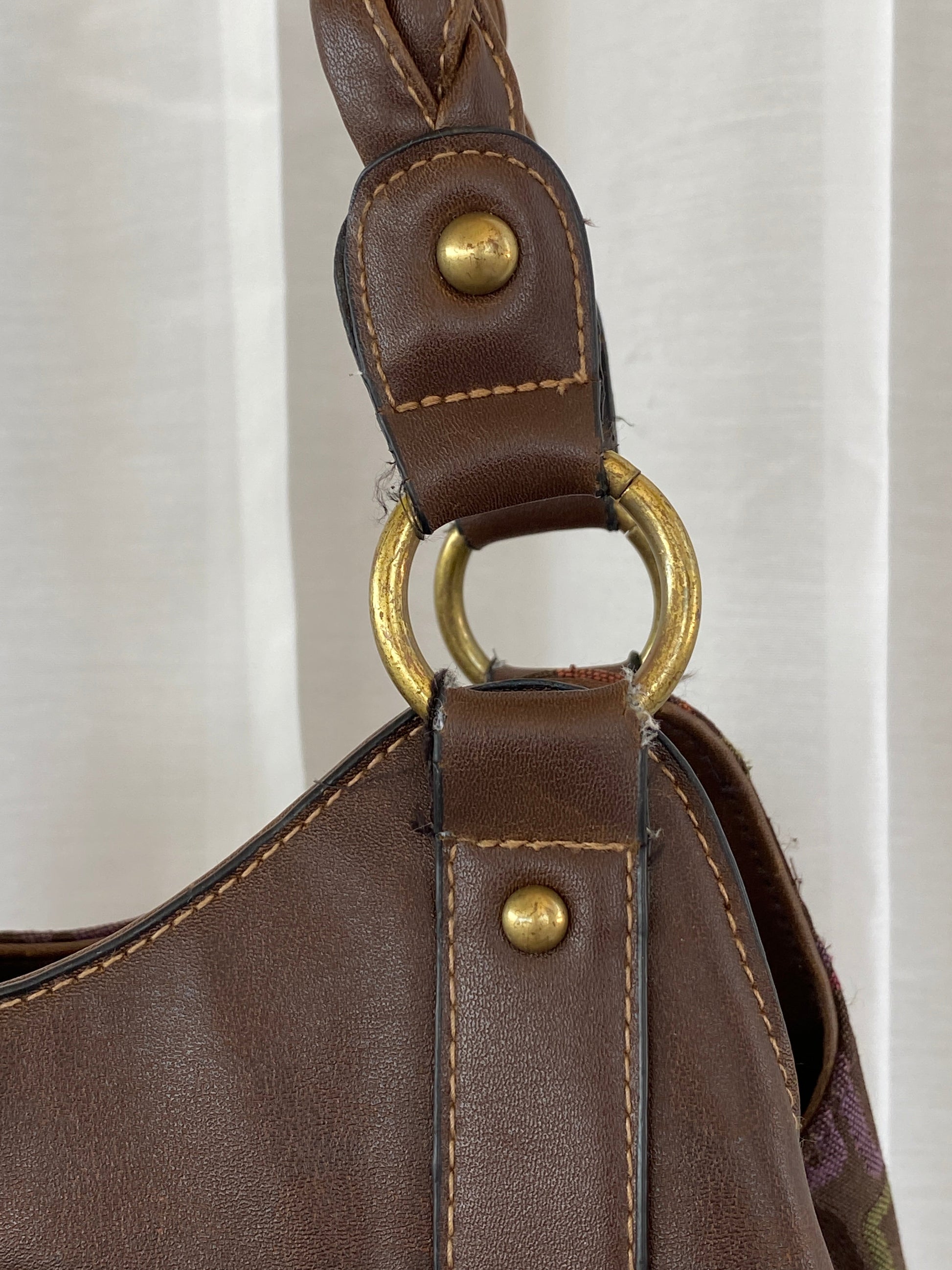 Y2K Rosetti Brown Multicolored Geometric Pattern Shoulder Bag With Braided Vinyl Handles - Balagan Vintage Handbags 00s, 90s, bag, geometric print, shoulder bag, Y2K