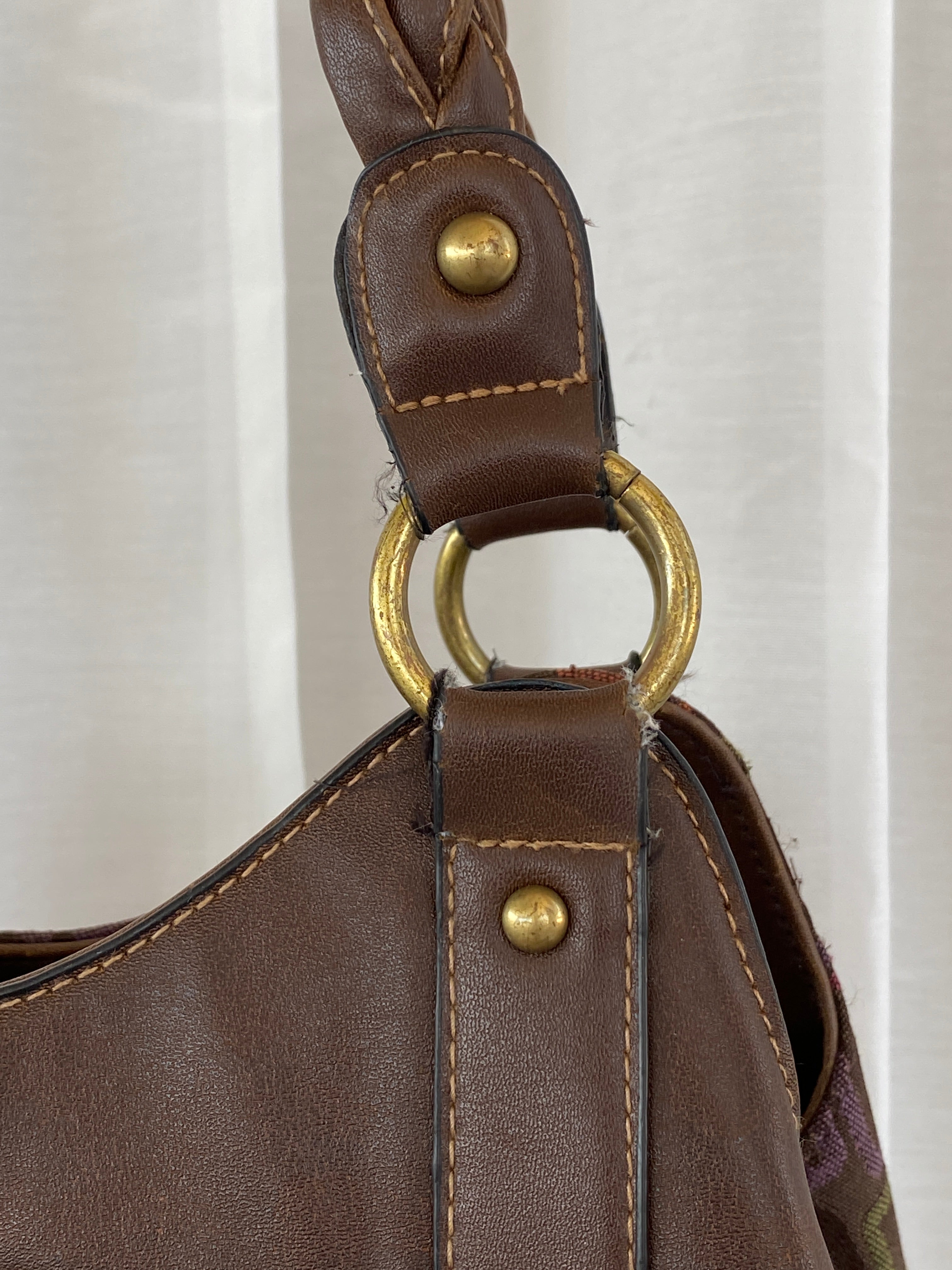 Y2K Rosetti Brown Multicolored Geometric Pattern Shoulder Bag With Braided Vinyl Handles - Balagan Vintage Handbags 00s, 90s, bag, geometric print, shoulder bag, Y2K