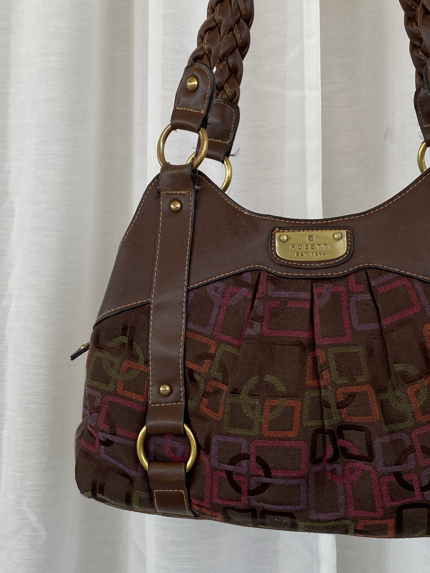Y2K Rosetti Brown Multicolored Geometric Pattern Shoulder Bag With Braided Vinyl Handles - Balagan Vintage Handbags 00s, 90s, bag, geometric print, shoulder bag, Y2K