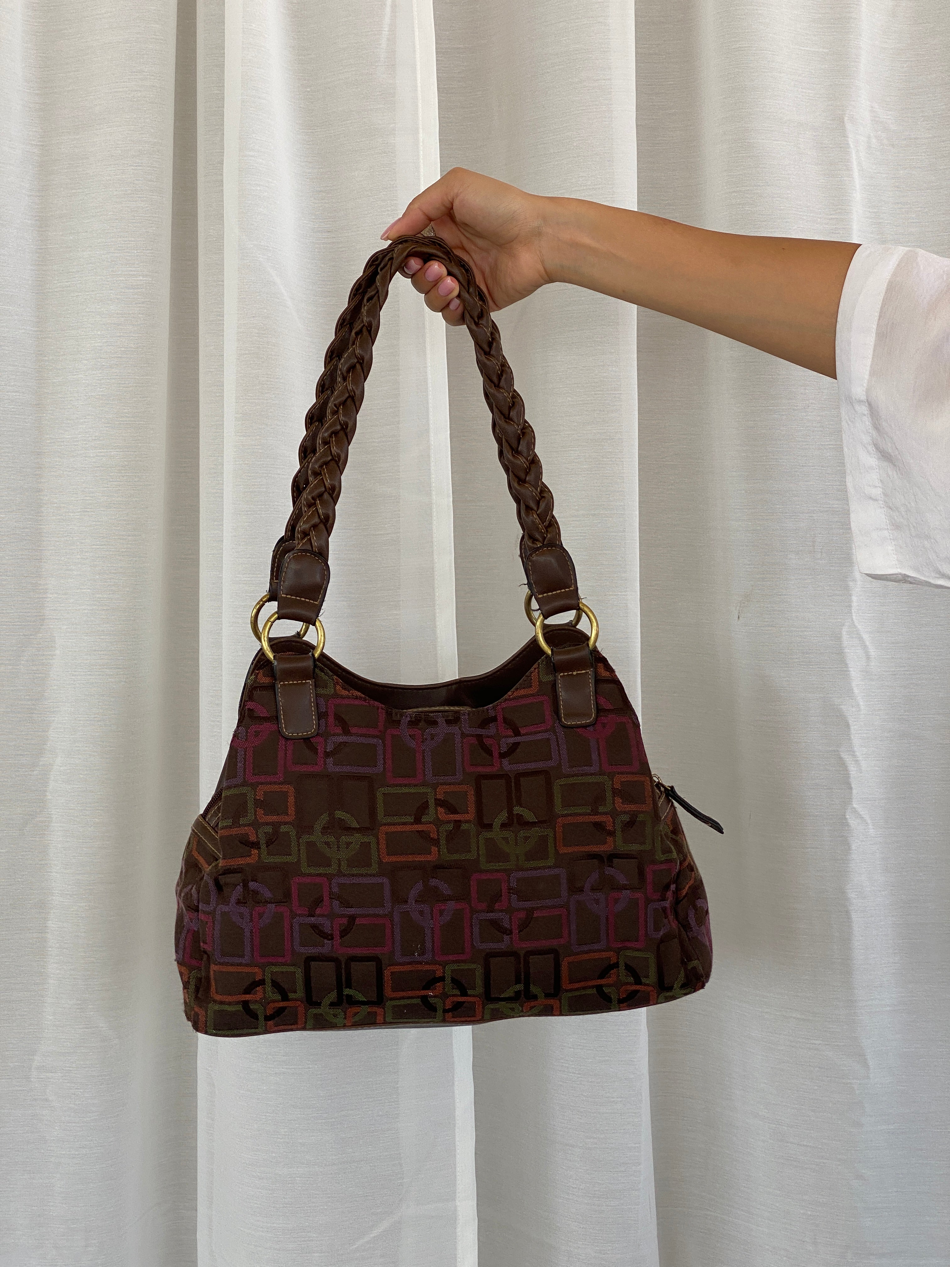 Y2K Rosetti Brown Multicolored Geometric Pattern Shoulder Bag With Braided Vinyl Handles - Balagan Vintage Handbags 00s, 90s, bag, geometric print, shoulder bag, Y2K