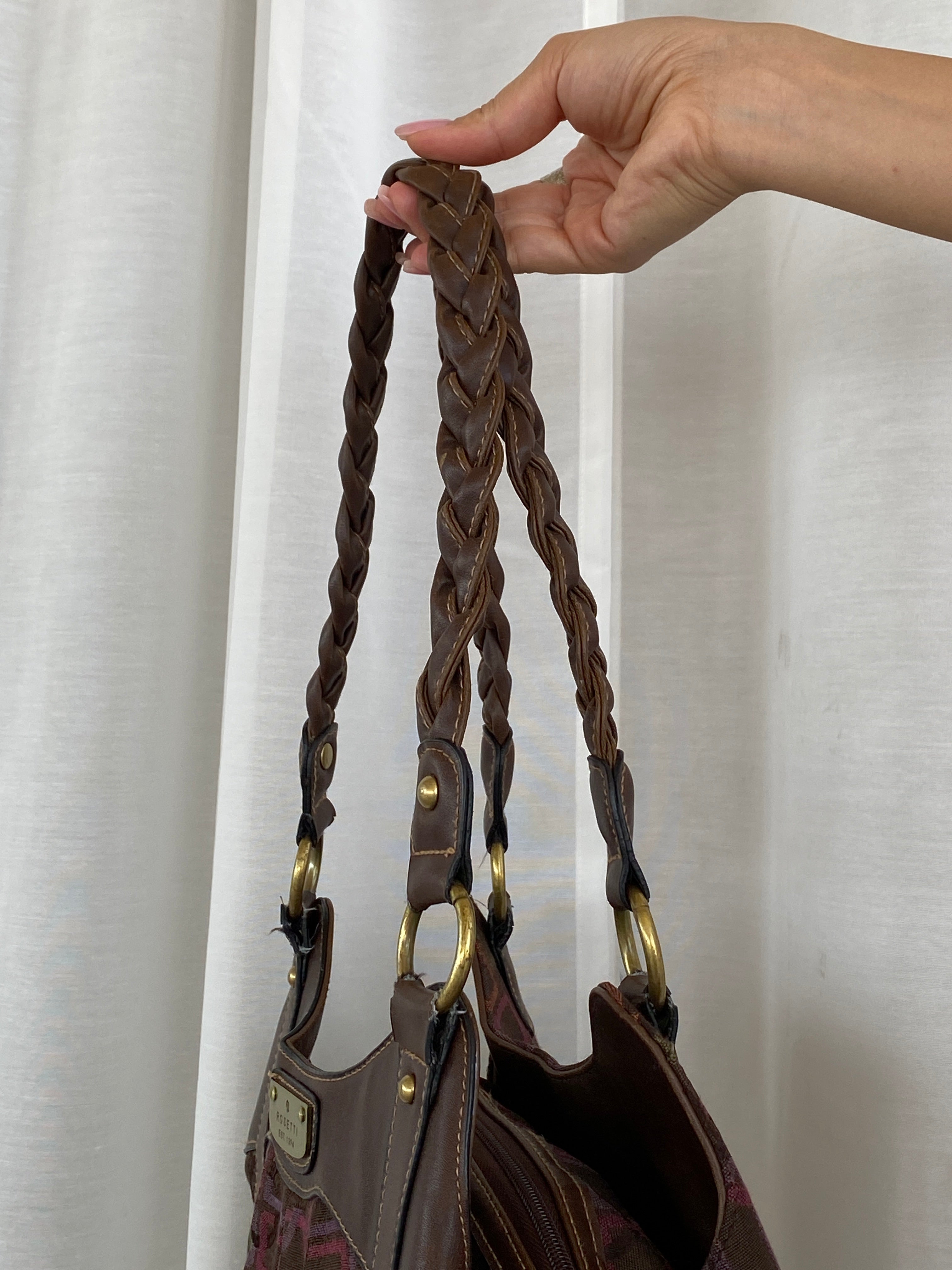 Y2K Rosetti Brown Multicolored Geometric Pattern Shoulder Bag With Braided Vinyl Handles - Balagan Vintage Handbags 00s, 90s, bag, geometric print, shoulder bag, Y2K
