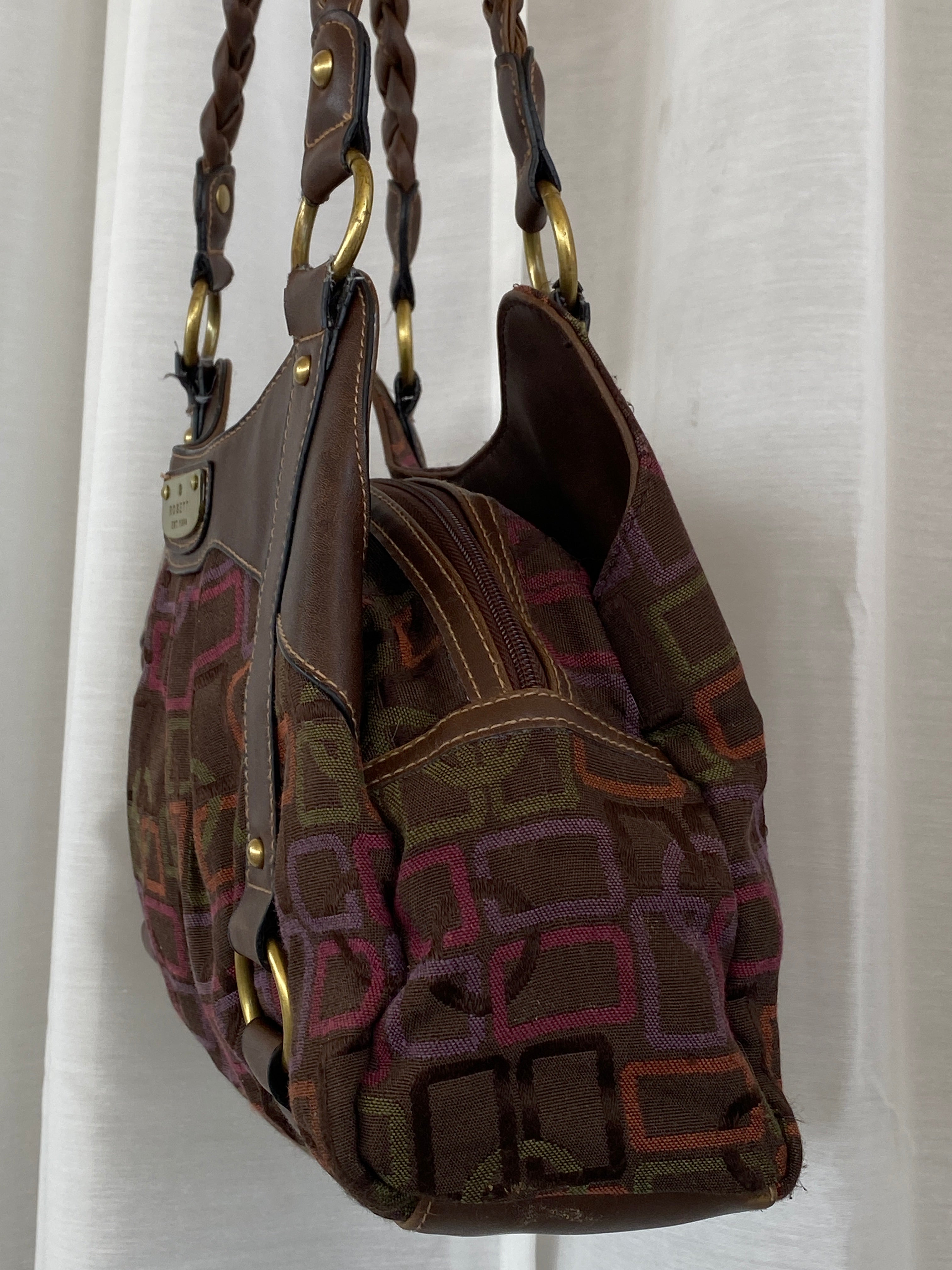 Y2K Rosetti Brown Multicolored Geometric Pattern Shoulder Bag With Braided Vinyl Handles - Balagan Vintage Handbags 00s, 90s, bag, geometric print, shoulder bag, Y2K