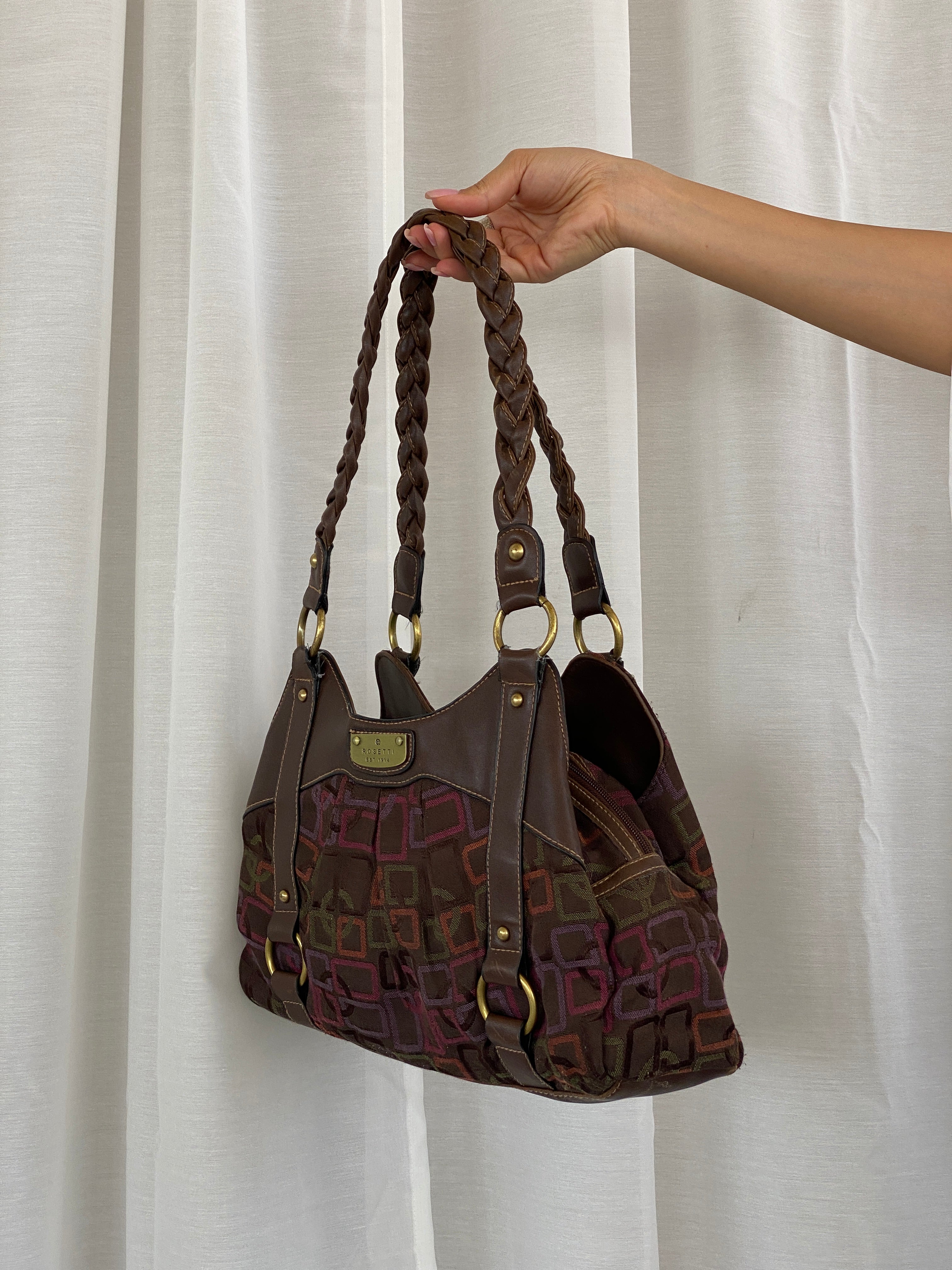 Y2K Rosetti Brown Multicolored Geometric Pattern Shoulder Bag With Braided Vinyl Handles - Balagan Vintage Handbags 00s, 90s, bag, geometric print, shoulder bag, Y2K