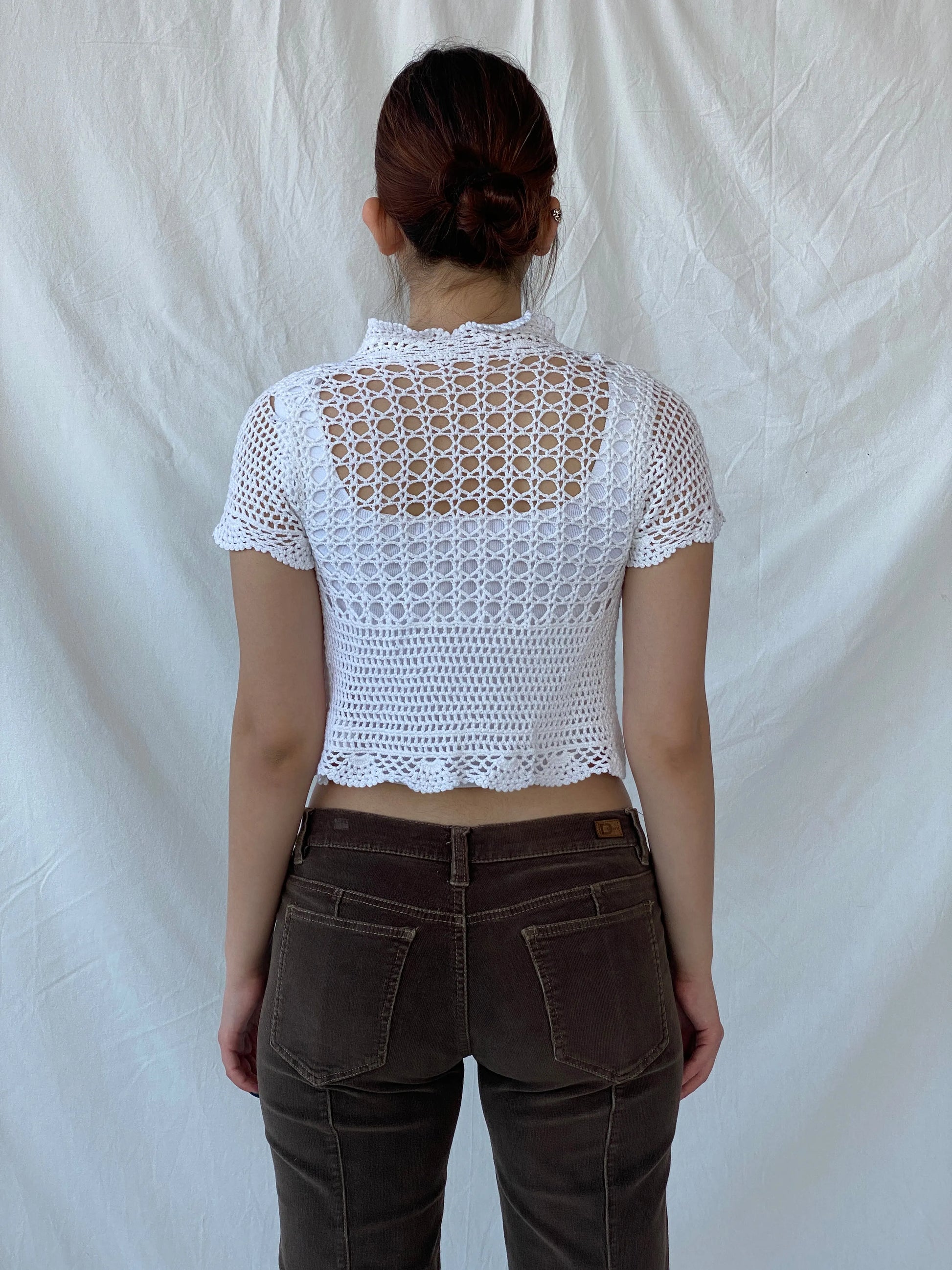 Y2K Ruby Girl Women’s Crochet White Cropped Cardigan - S - Balagan Vintage Cardigan 00s, Ayah, cardigan, consignment, crochet, Tasnim, women top