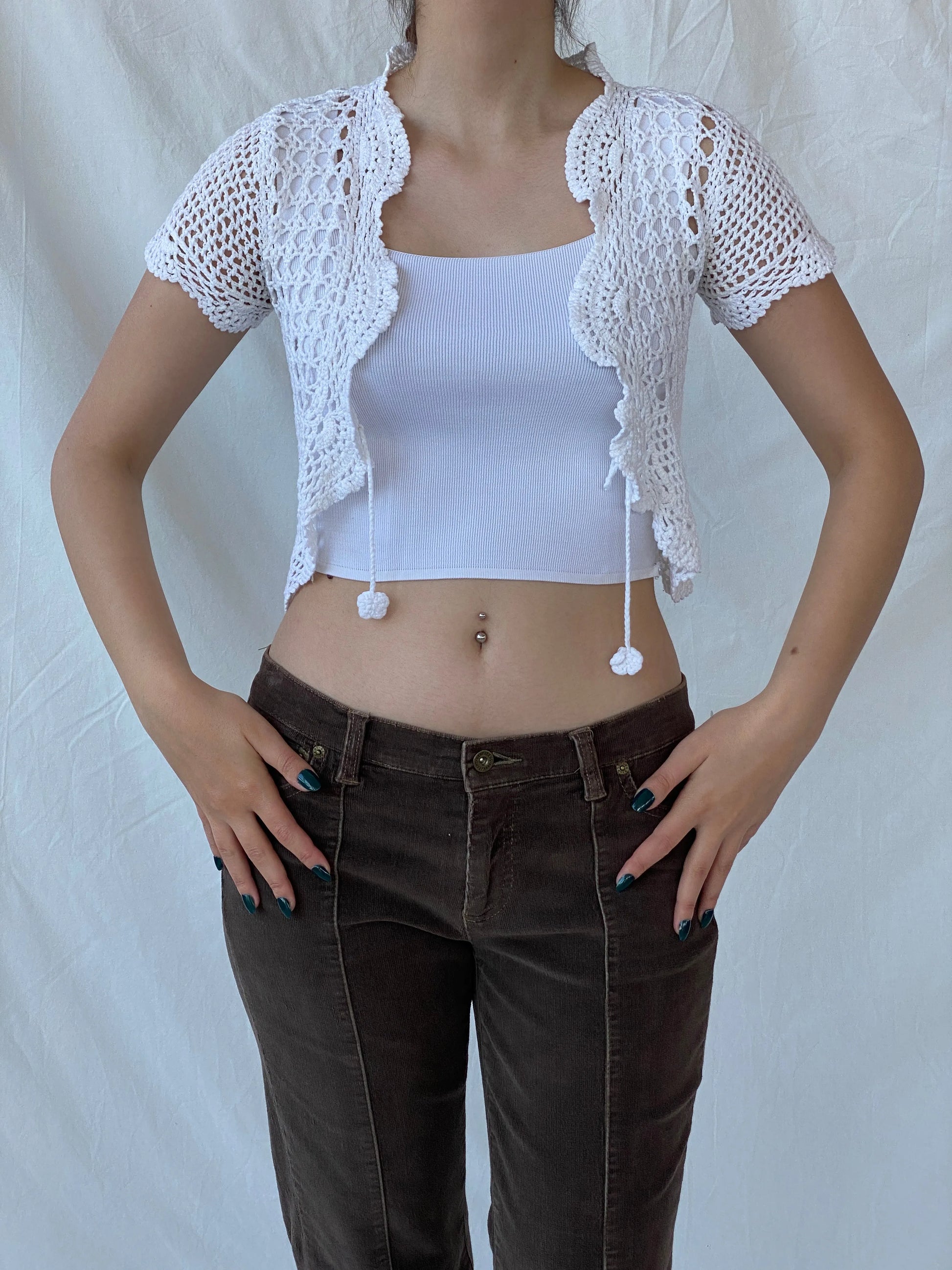 Y2K Ruby Girl Women’s Crochet White Cropped Cardigan - S - Balagan Vintage Cardigan 00s, Ayah, cardigan, consignment, crochet, Tasnim, women top