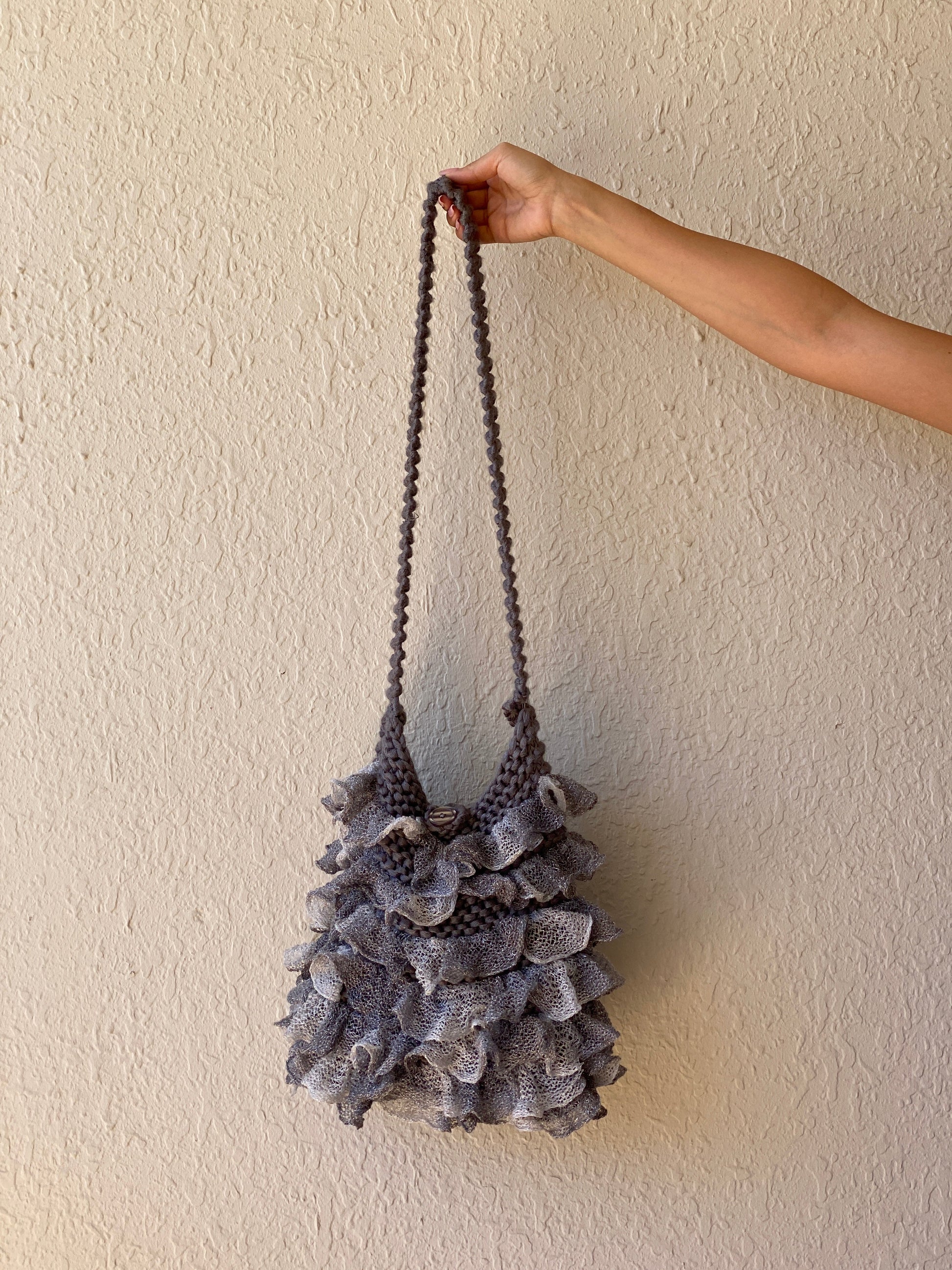 Y2K Ruffled Crochet Shoulder Bag Knitted Gray Whimsy Crossbody Bag - Balagan Vintage Shoulder Bag 00s, 90s, bag, NEW IN, shoulder bag, Y2K