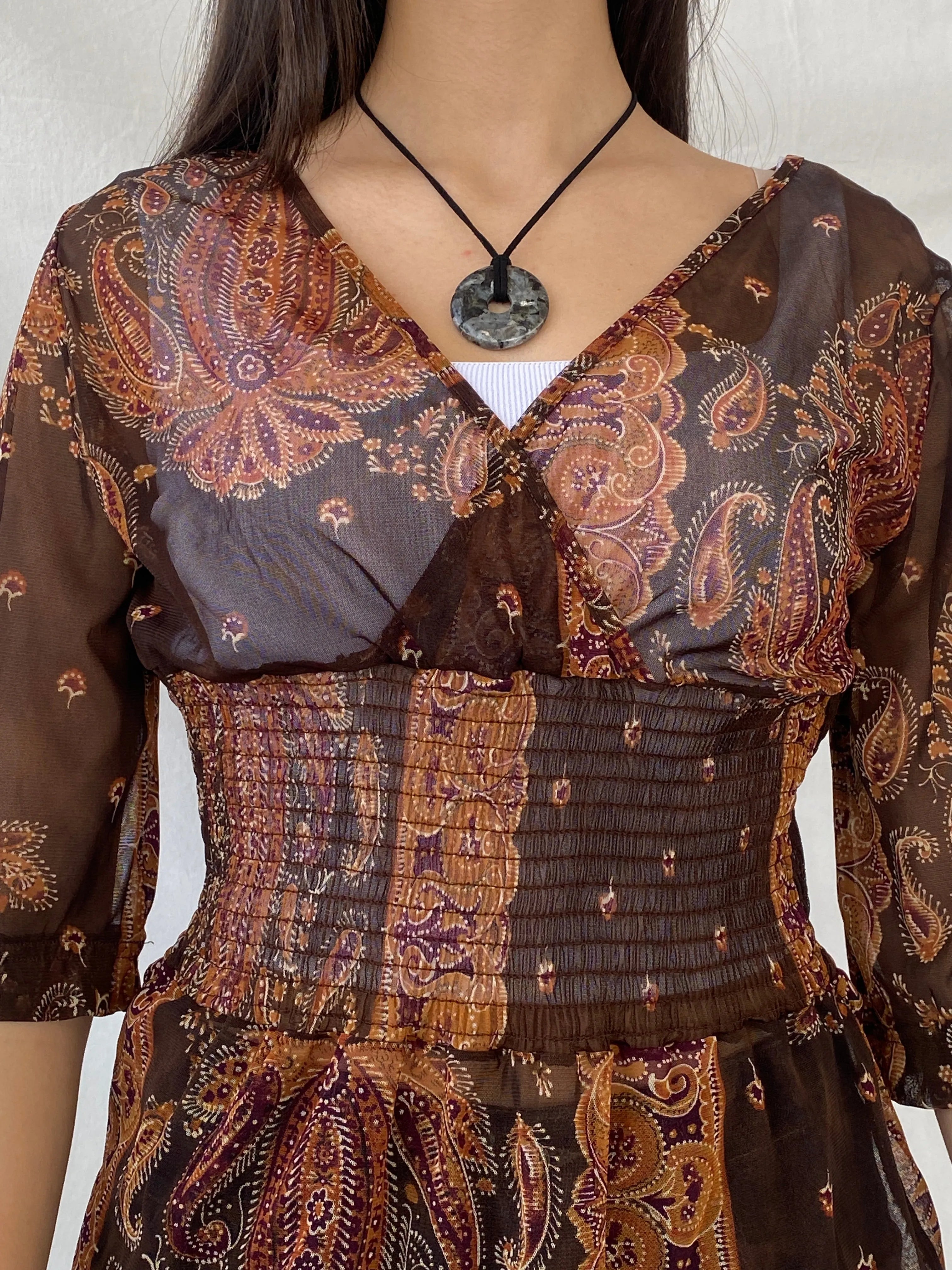 Y2K SAVIDA Brown Paisley Print Sheer Scrunched Waist Top - L - Balagan Vintage Full Sleeve Top 00s, full sleeve top, Syntia, women top