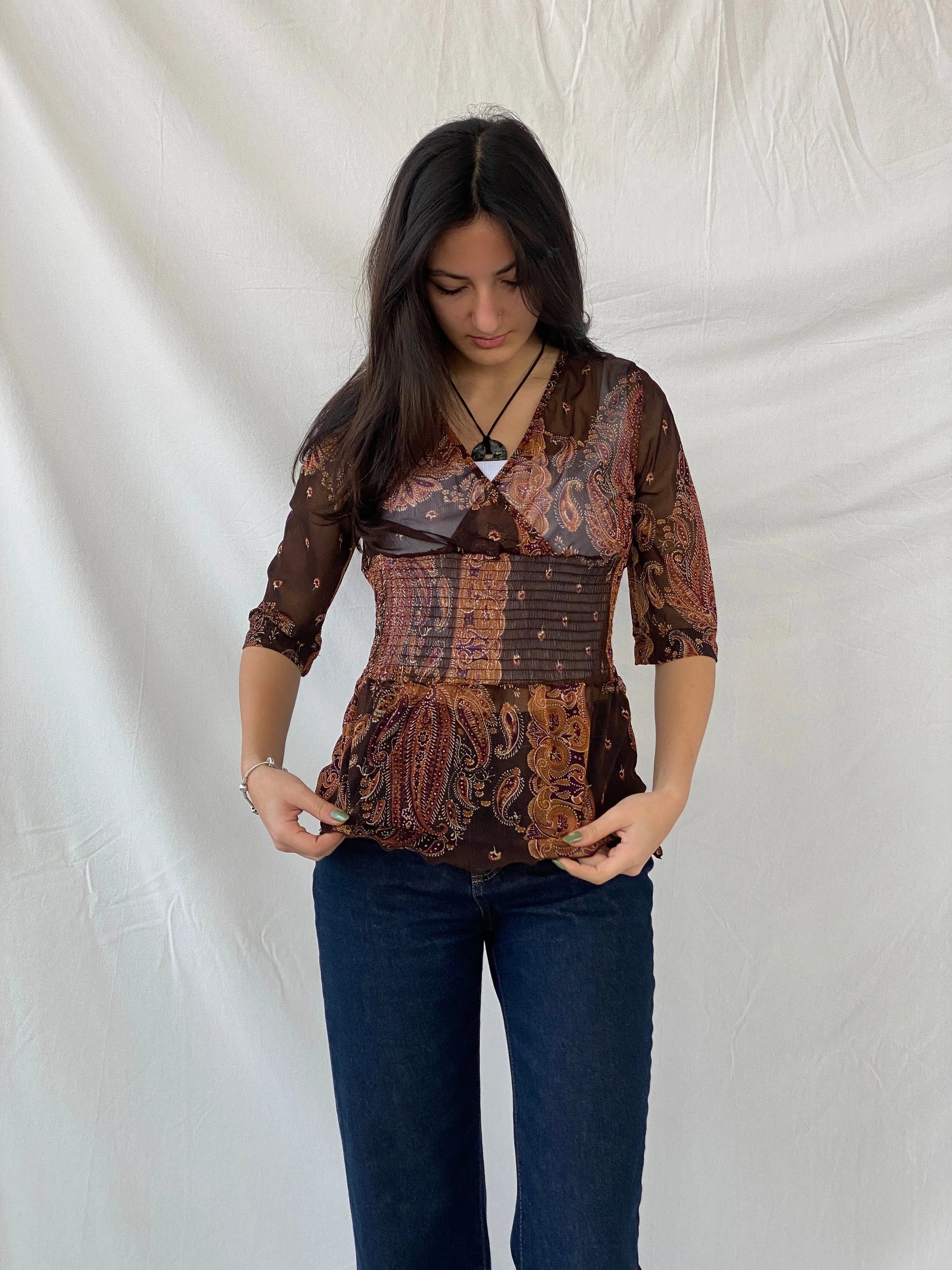 Y2K SAVIDA Brown Paisley Print Sheer Scrunched Waist Top - L - Balagan Vintage Full Sleeve Top 00s, full sleeve top, Syntia, women top