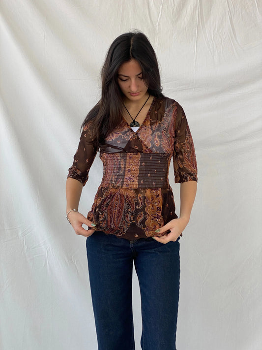 Y2K SAVIDA Brown Paisley Print Sheer Scrunched Waist Top - L - Balagan Vintage Full Sleeve Top 00s, full sleeve top, Syntia, women top