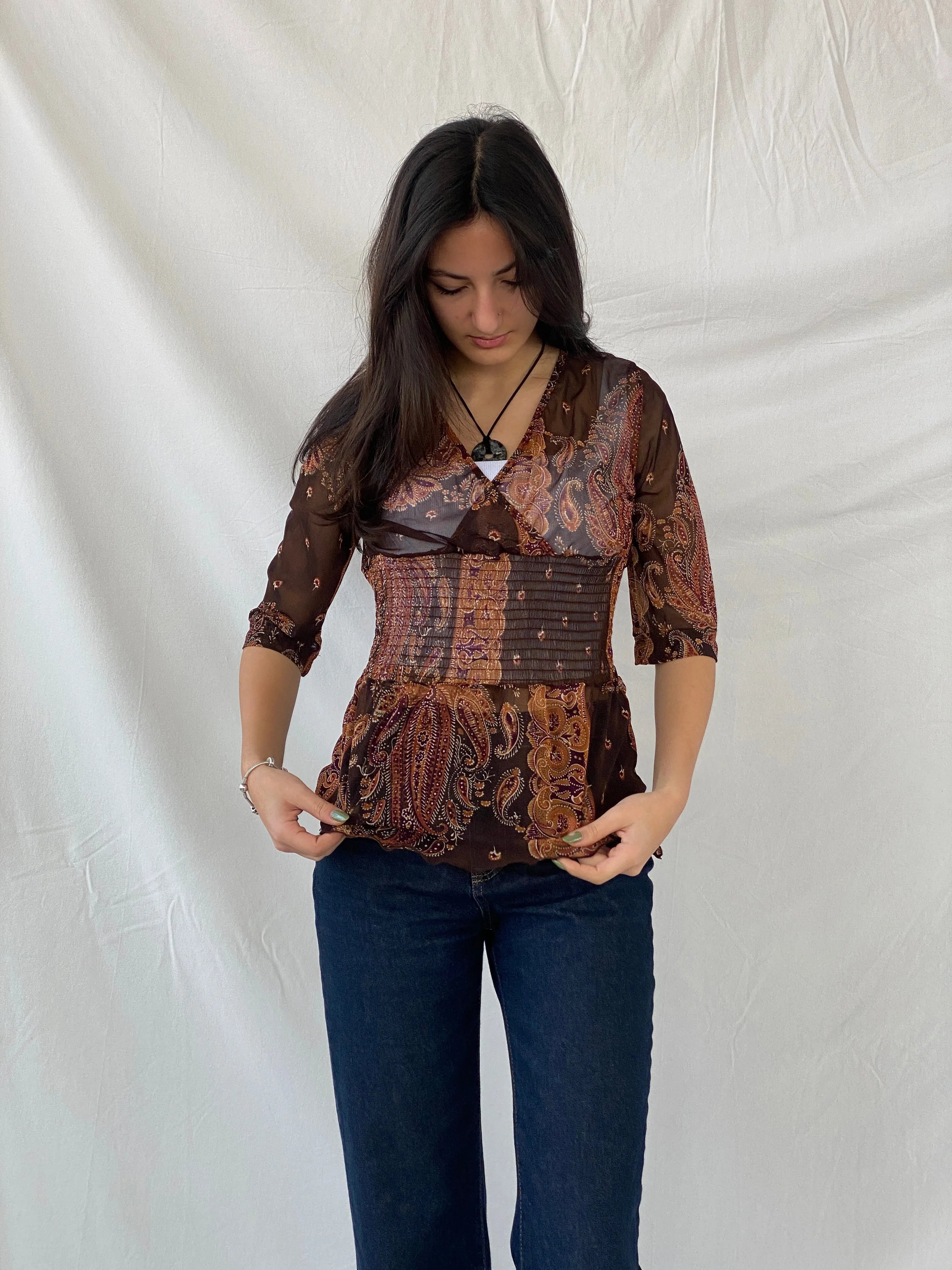 Y2K SAVIDA Brown Paisley Print Sheer Scrunched Waist Top - L - Balagan Vintage Full Sleeve Top 00s, full sleeve top, Syntia, women top