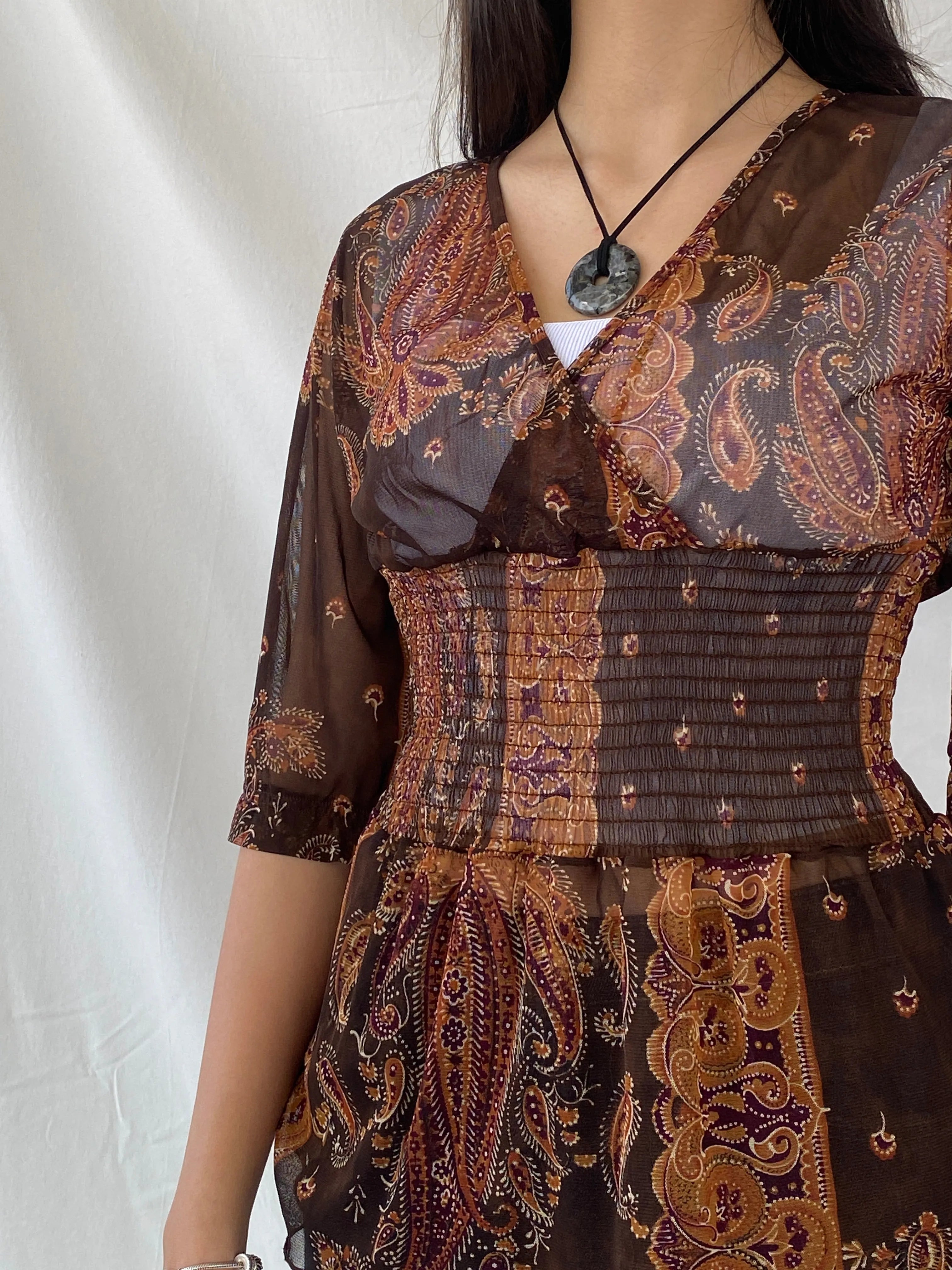 Y2K SAVIDA Brown Paisley Print Sheer Scrunched Waist Top - L - Balagan Vintage Full Sleeve Top 00s, full sleeve top, Syntia, women top