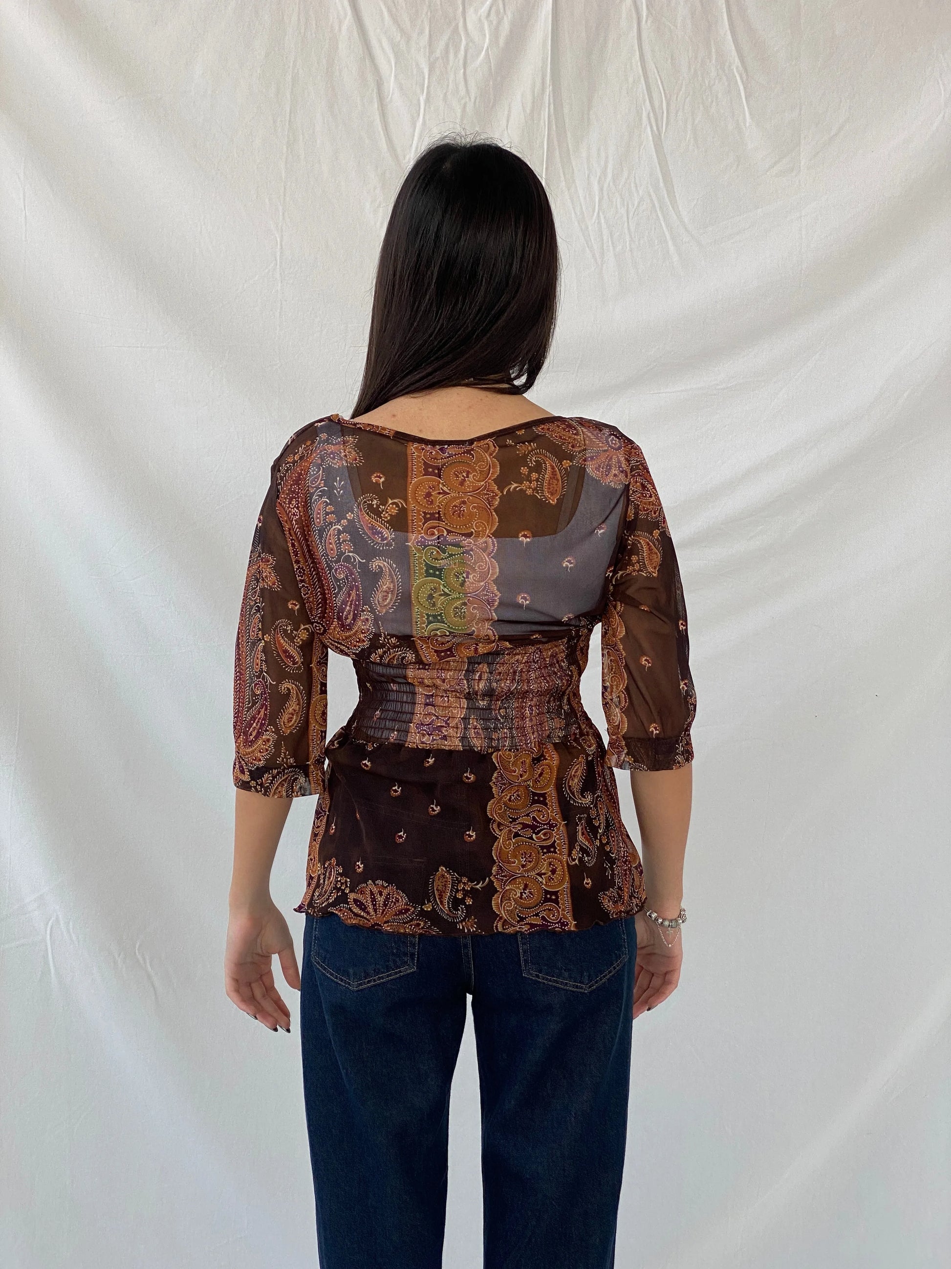 Y2K SAVIDA Brown Paisley Print Sheer Scrunched Waist Top - L - Balagan Vintage Full Sleeve Top 00s, full sleeve top, Syntia, women top