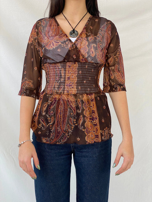 Y2K SAVIDA Brown Paisley Print Sheer Scrunched Waist Top - L - Balagan Vintage Full Sleeve Top 00s, full sleeve top, Syntia, women top