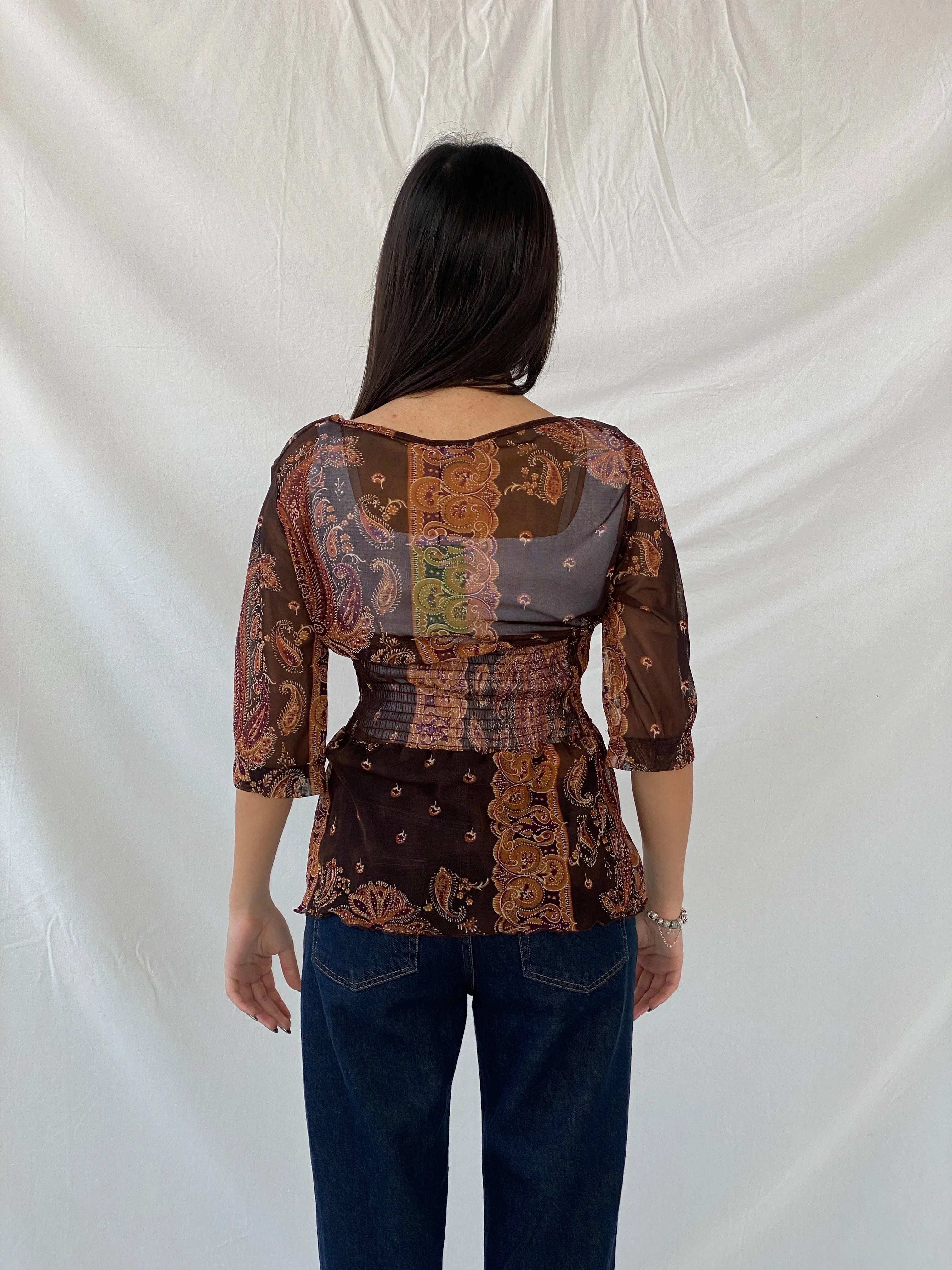 Y2K SAVIDA Brown Paisley Print Sheer Scrunched Waist Top - L - Balagan Vintage Full Sleeve Top 00s, full sleeve top, Syntia, women top