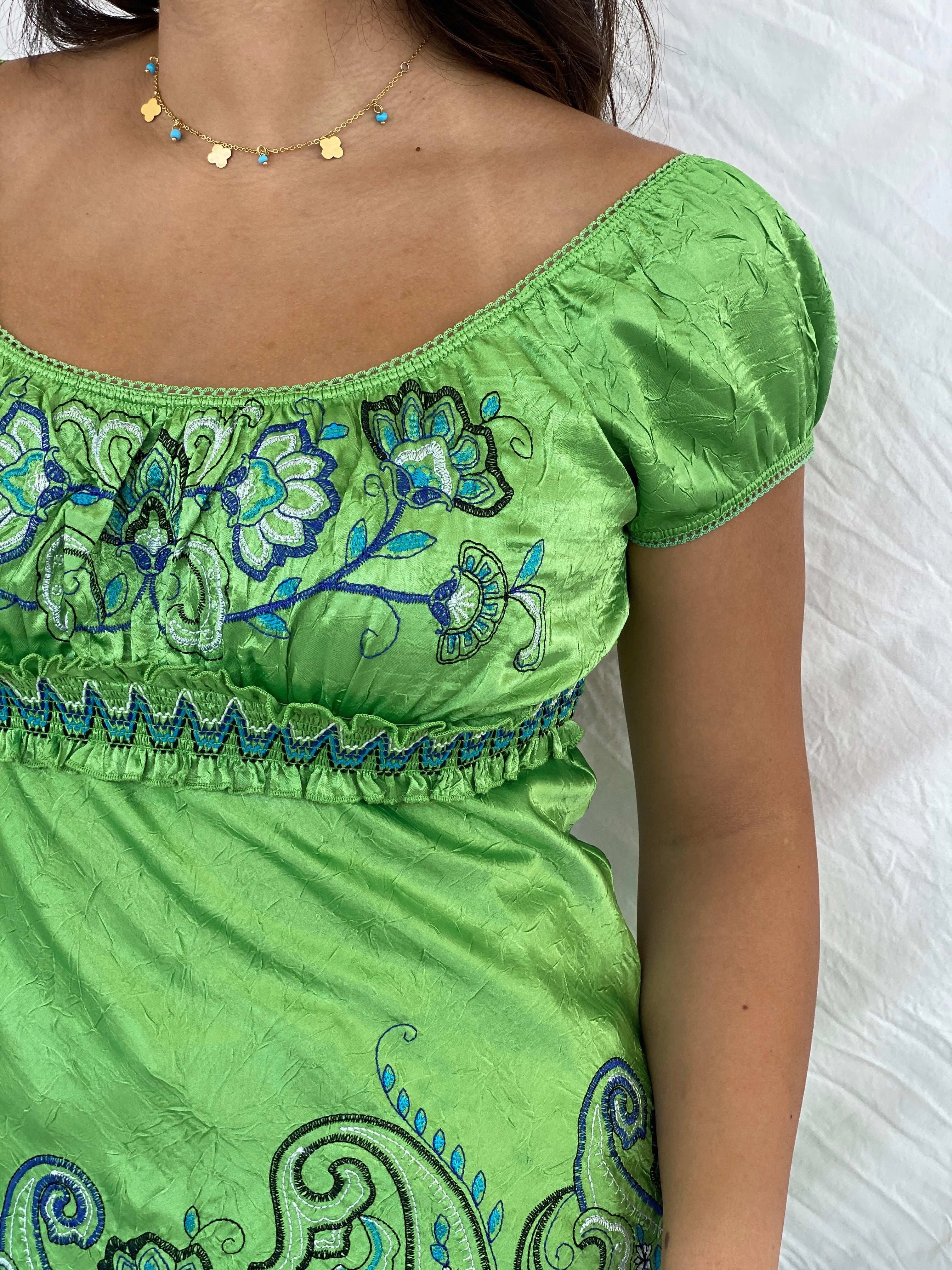 Y2K Scoop Neck Cottage Style Green Top - M - Balagan Vintage Half Sleeve Top 00s, Lana, summer, Y2K