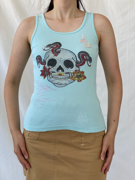 Y2K Seduce Blue Graphic Ribbed Tank Top - S - Balagan Vintage Sleeveless Top 00s, Ayah, NEW IN, summer, women top