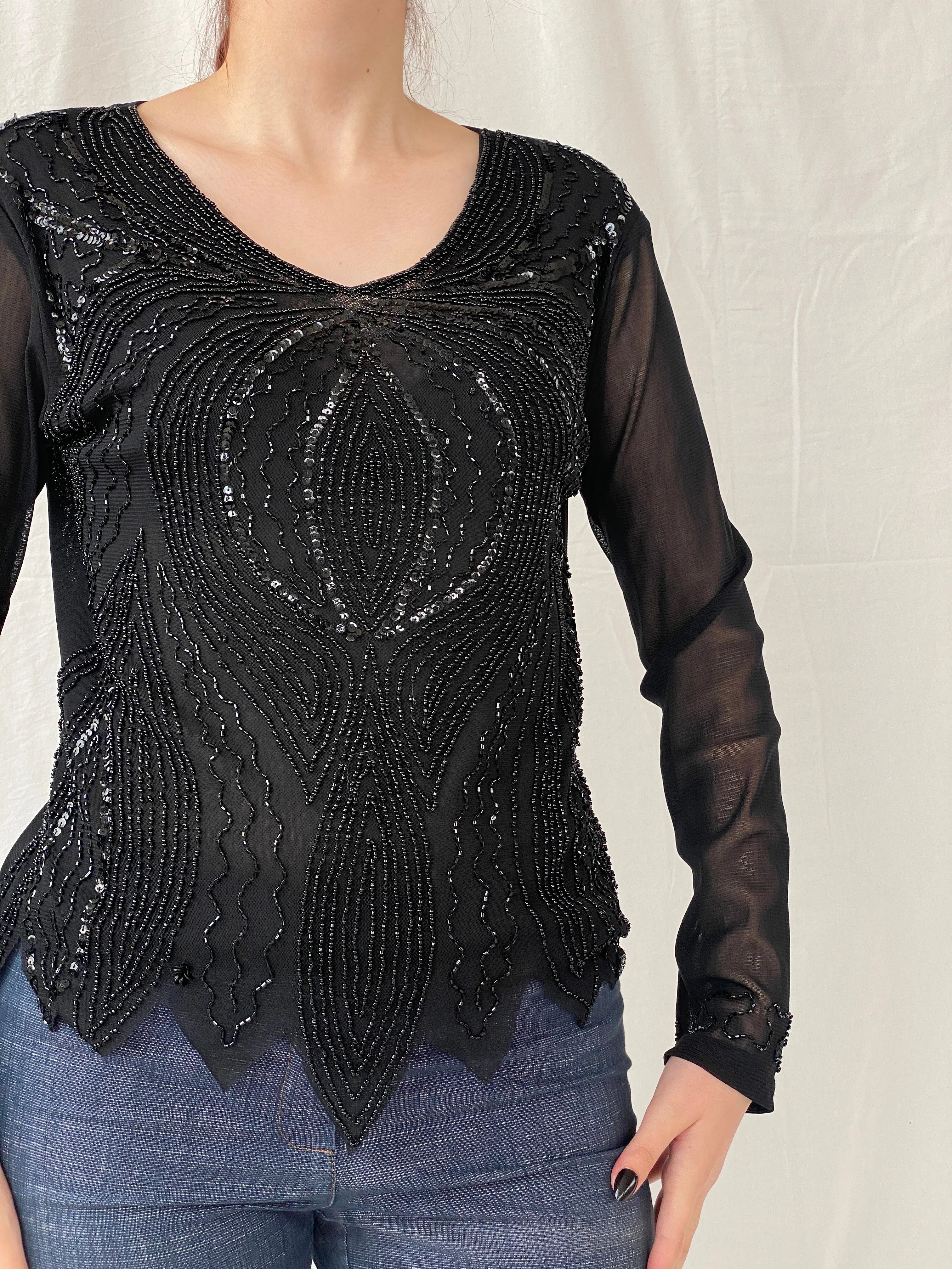 Y2K Sequin Chiffon Semi Sheer Dressy Black Women’s Top - M - Balagan Vintage Full Sleeve Top 00s, Ayah, NEW IN, sheer