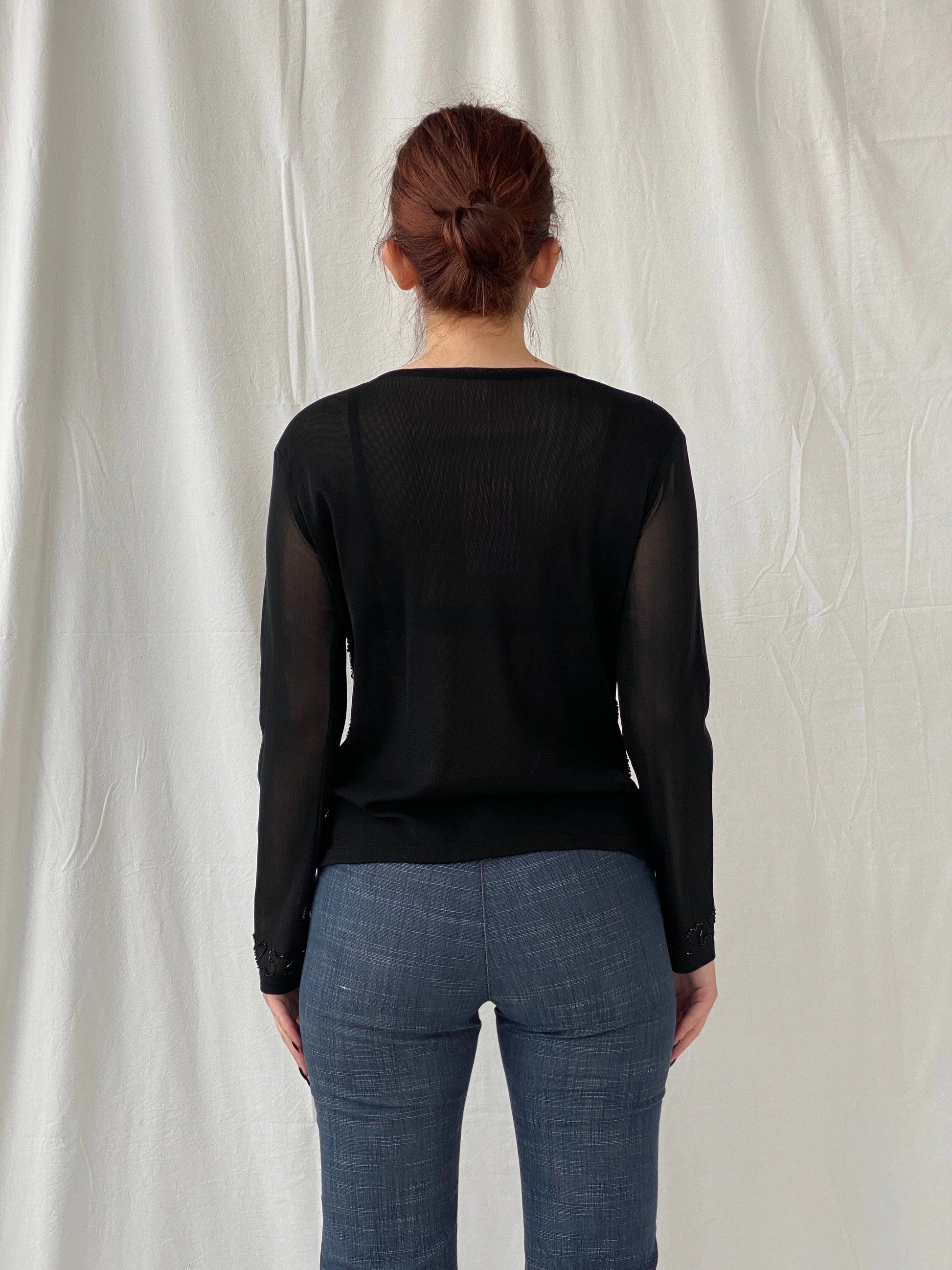 Y2K Sequin Chiffon Semi Sheer Dressy Black Women’s Top - M - Balagan Vintage Full Sleeve Top 00s, Ayah, sheer