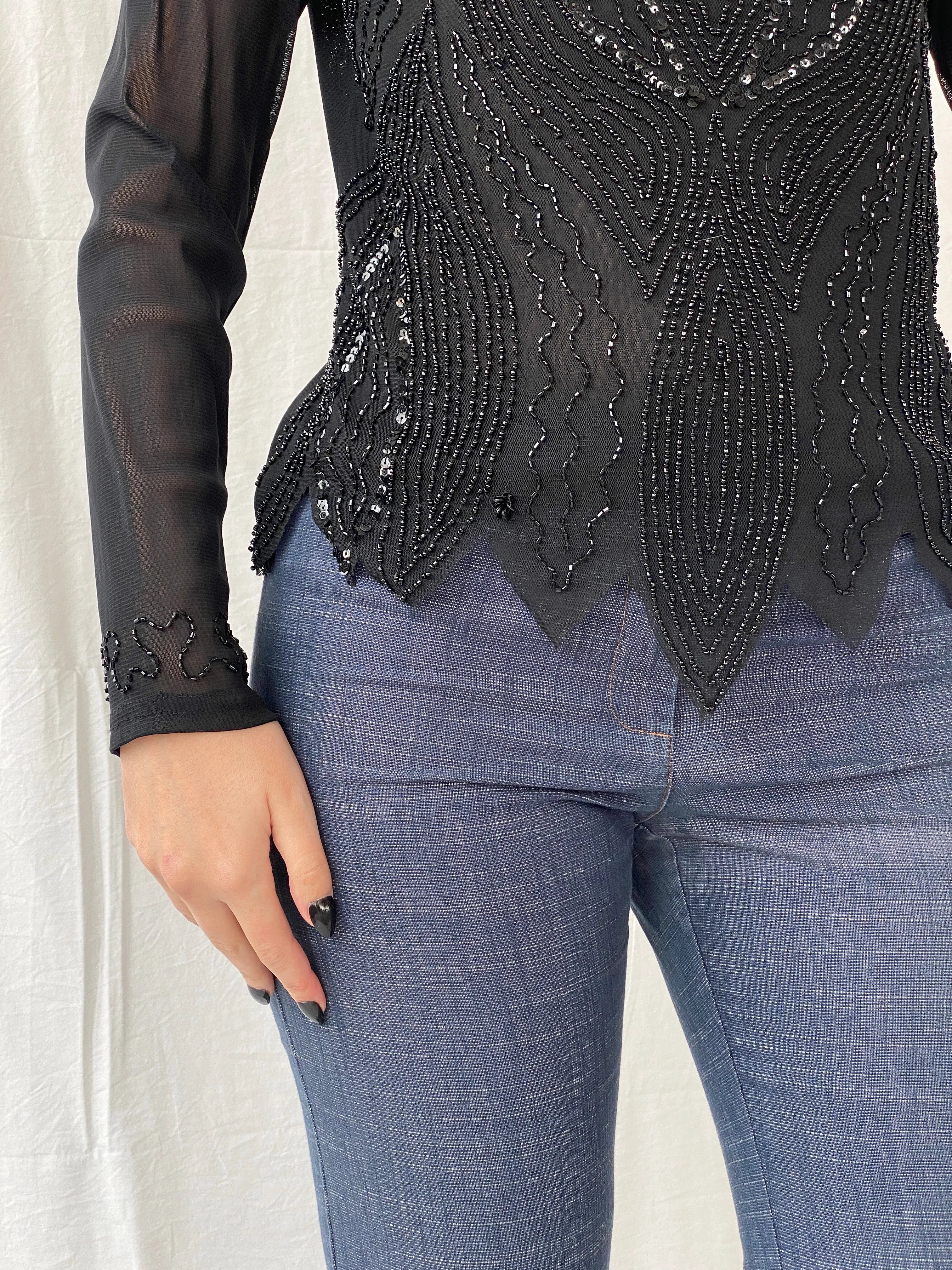 Y2K Sequin Chiffon Semi Sheer Dressy Black Women’s Top - M - Balagan Vintage Full Sleeve Top 00s, Ayah, NEW IN, sheer