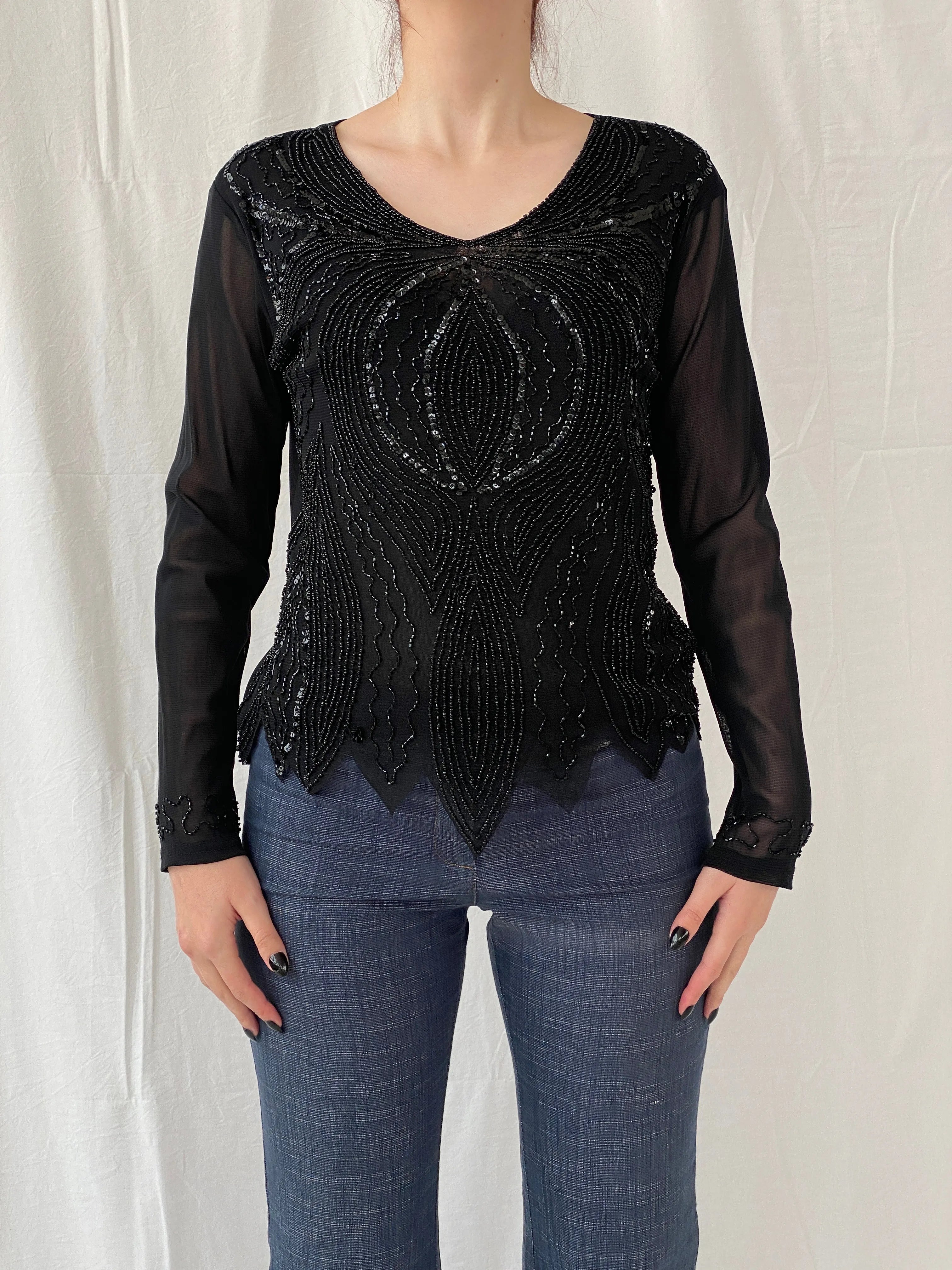 Y2K Sequin Chiffon Semi Sheer Dressy Black Women’s Top - M - Balagan Vintage Full Sleeve Top 00s, Ayah, NEW IN, sheer
